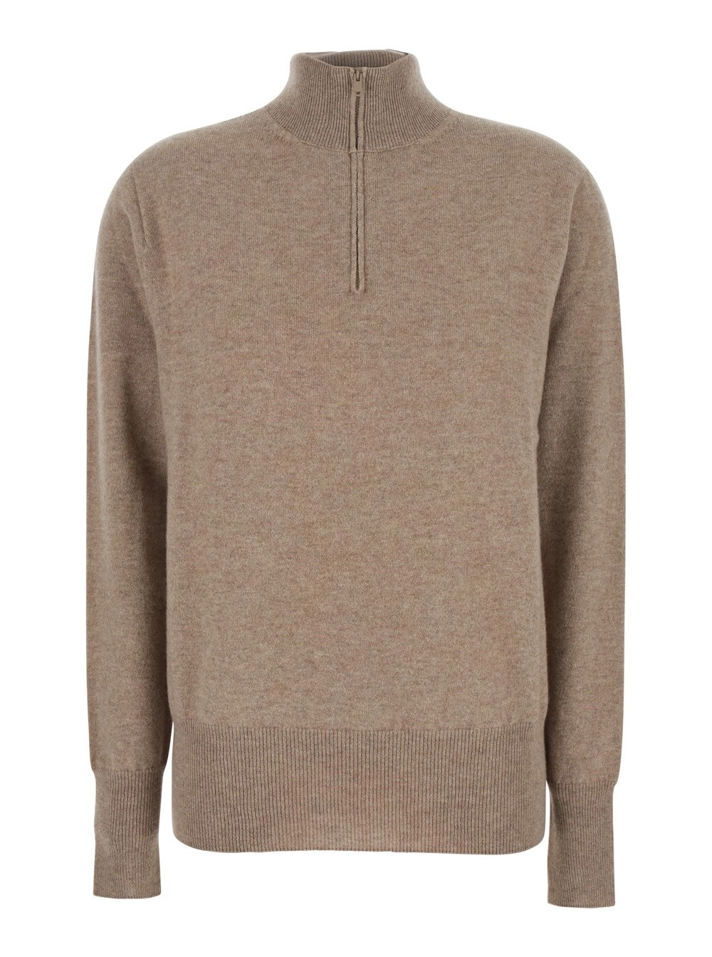 Beigefarbener Pullover "Loya" mit Stehkragen und ZI-Verschluss vorne in Cashere Damen