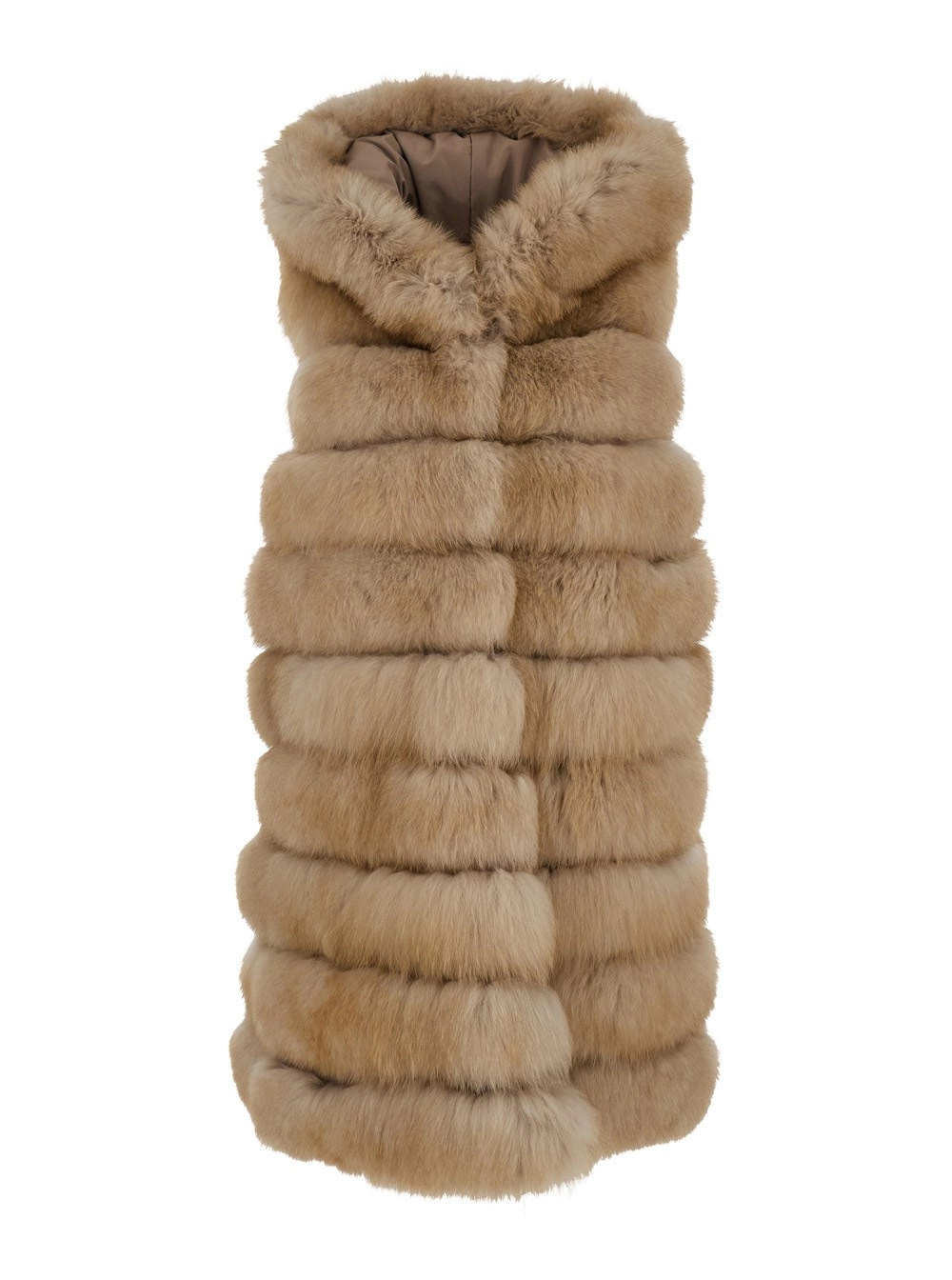 Beiger ärmelloser Pelzmantel mit Kapuze aus Pelz Damen