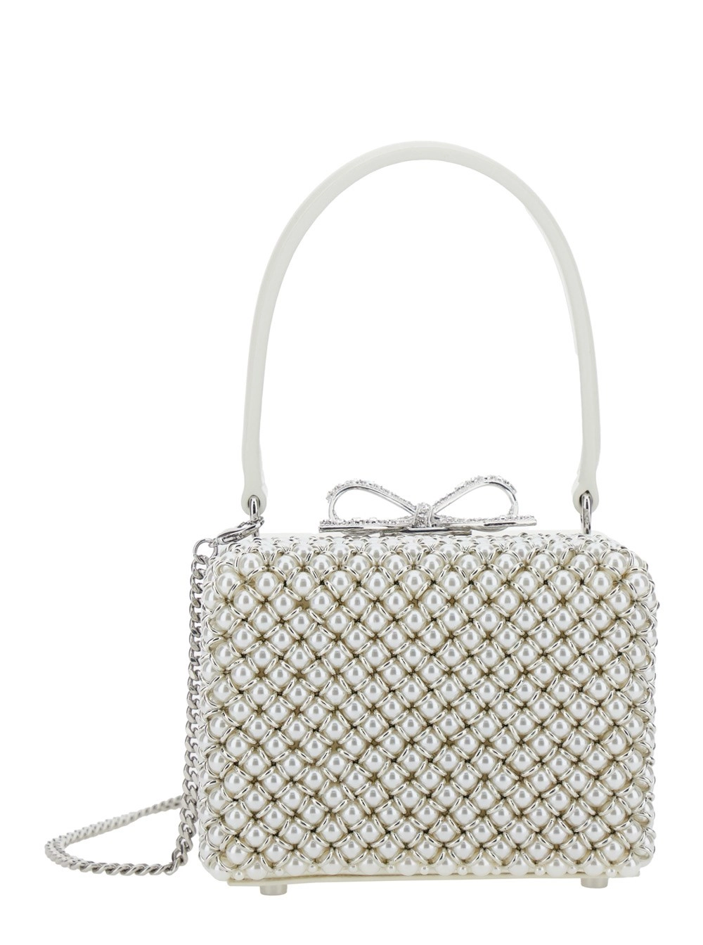 Weiße Handtasche mit Kunstperlen-Verzierungen vorne und Schleifendetail aus Leder und Kunstperlen Damen