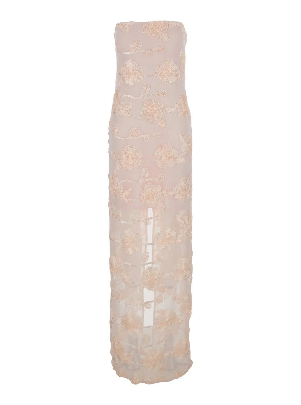 Langes, schulterfreies ärmelloses Kleid für Damen aus technischem Stoff in Rosa mit All-over Blumenstickerei und einfachem Schlitz hinten