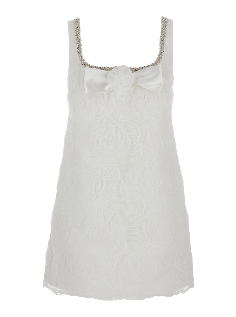 Weißes Minikleid mit quadratischem Ausschnitt und Schleifendetail vorne aus technischem Stoff Damen