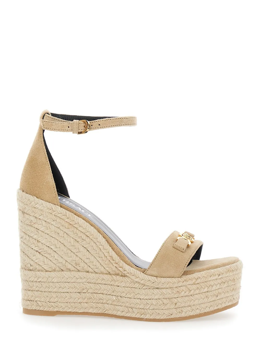Beige Wedges mit verstellbarem Schnallenverschluss und Medusa-Plakette auf der Vorderseite aus Leder Damen