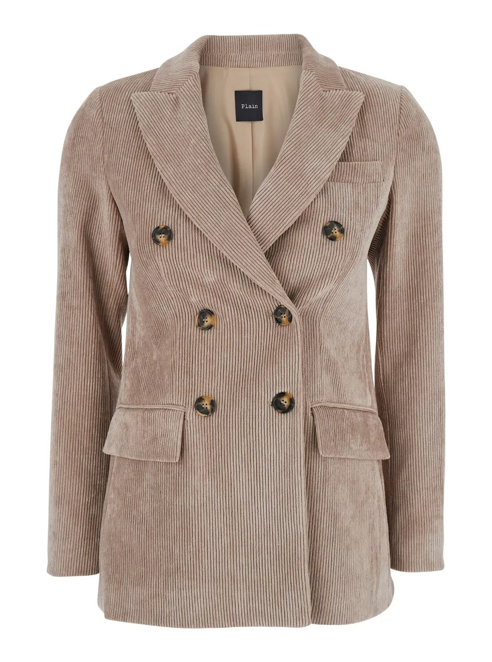 Beigefarbene doppelreihige Jacke mit Schirm aus Courduroy Damen