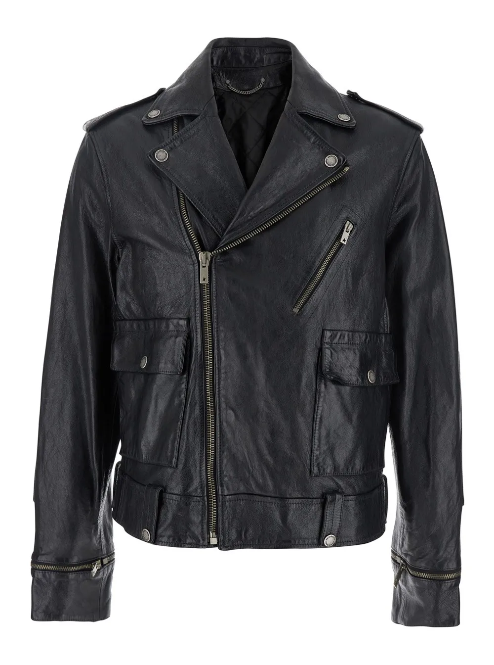 Schwarze Jacke "Norwood" mit Revers und aufgesetzten Taschen vorne aus genarbtem Leder Herren