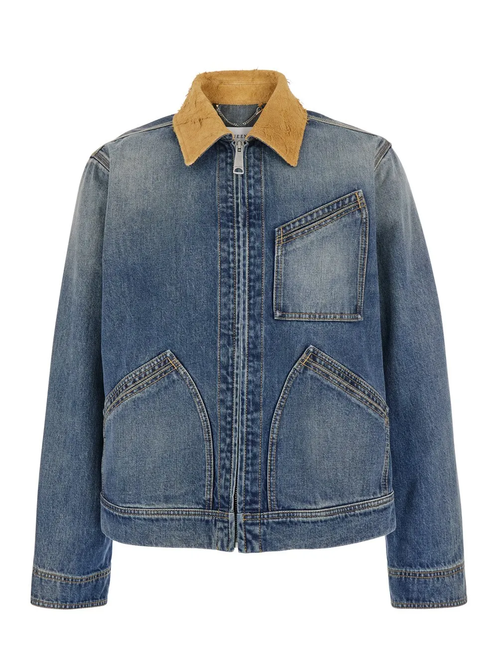 Blaue Jacke mit klassischem Pelzkragen aus Denim Herren