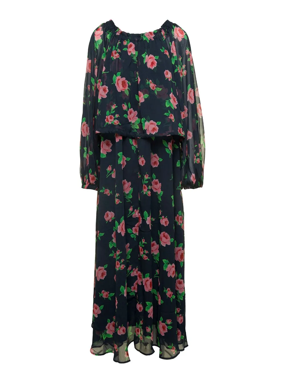 Mehrfarbiges Maxikleid mit All-Over Rosendruck aus Chiffon Damen
