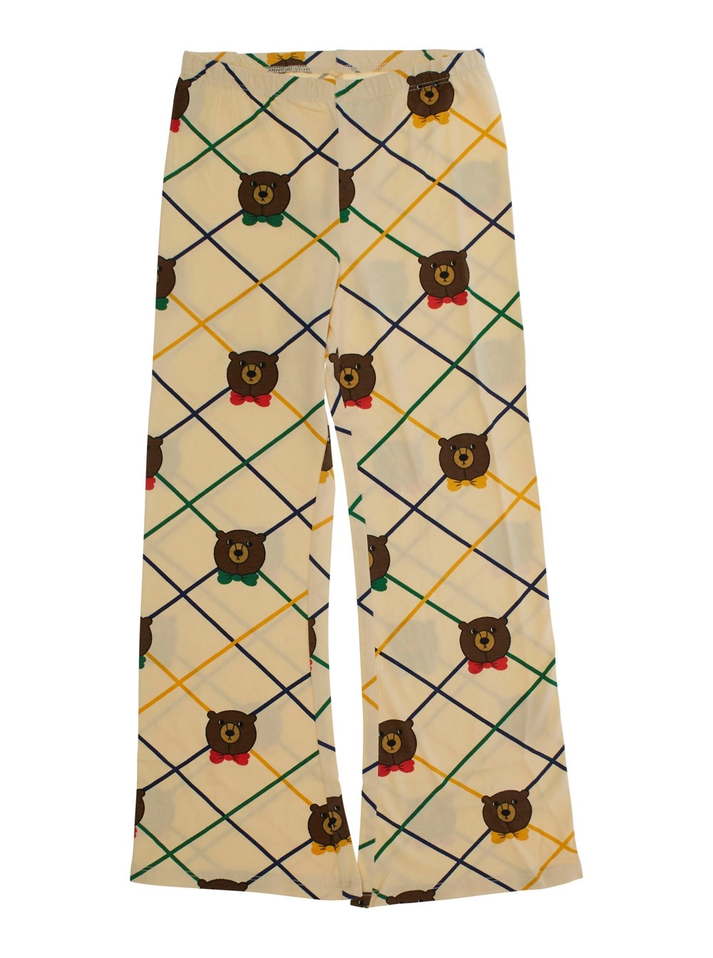 Beige Schlaghose mit All-Over-Karomuster und Bärendruck aus Baumwolle Stretch Mädchen