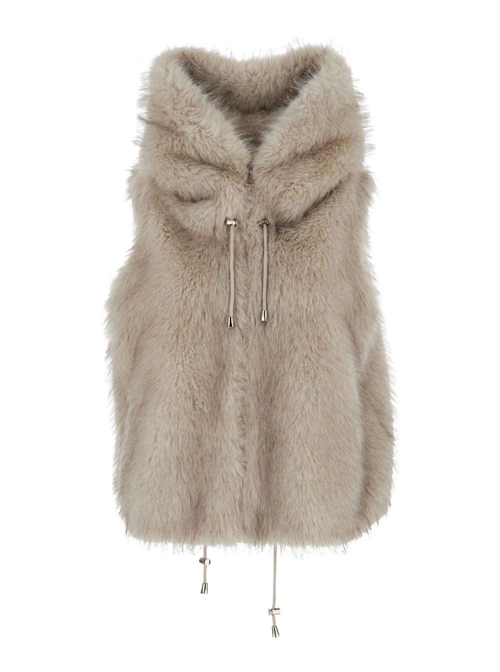 Ärmellose Jacke für Damen aus Pelzimitat in Beige mit Kapuze und Kordelzug