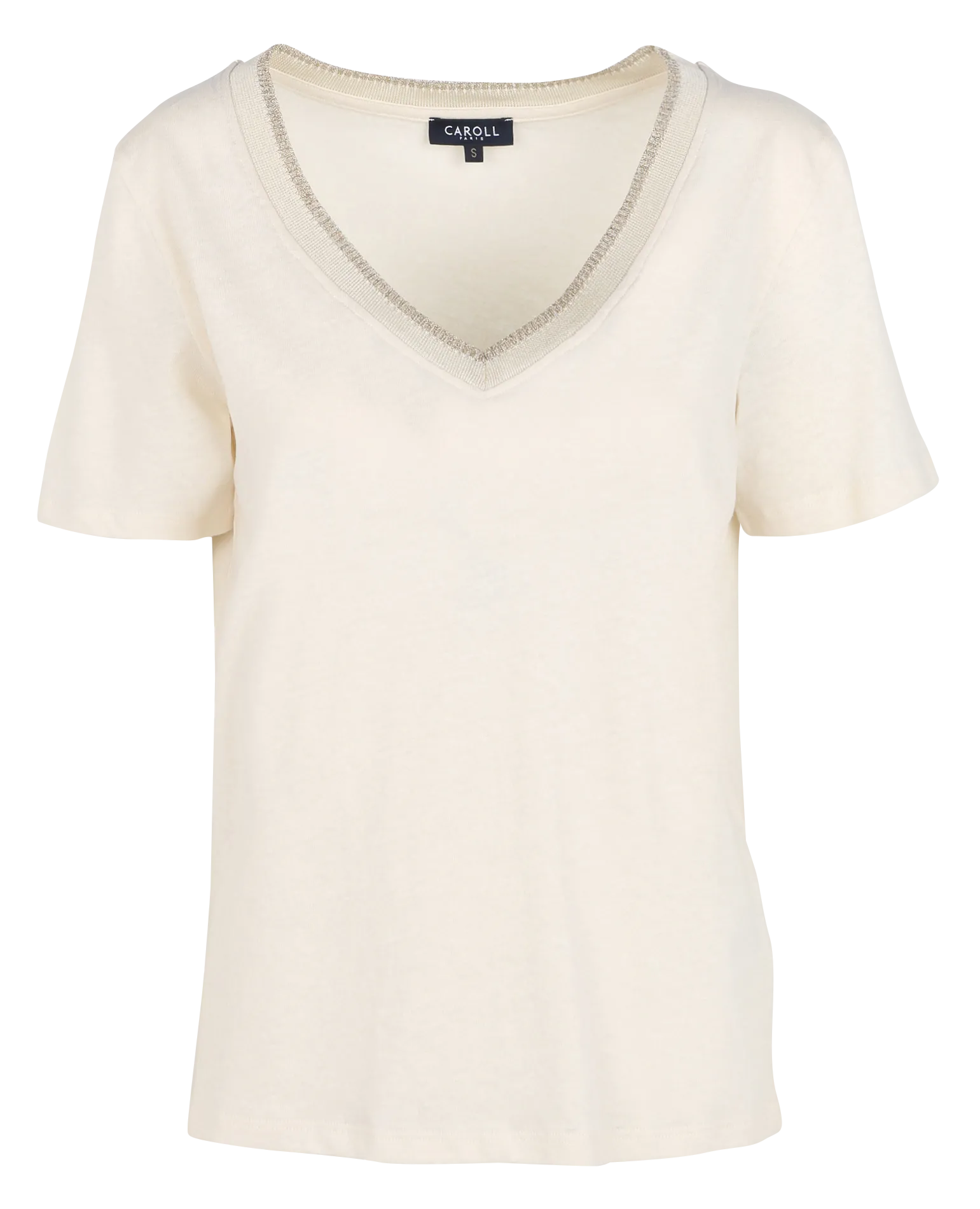 Gerade geschnittenes T-Shirt aus Baumwoll-Mix mit V-Ausschnitt Beige TK085-JIN