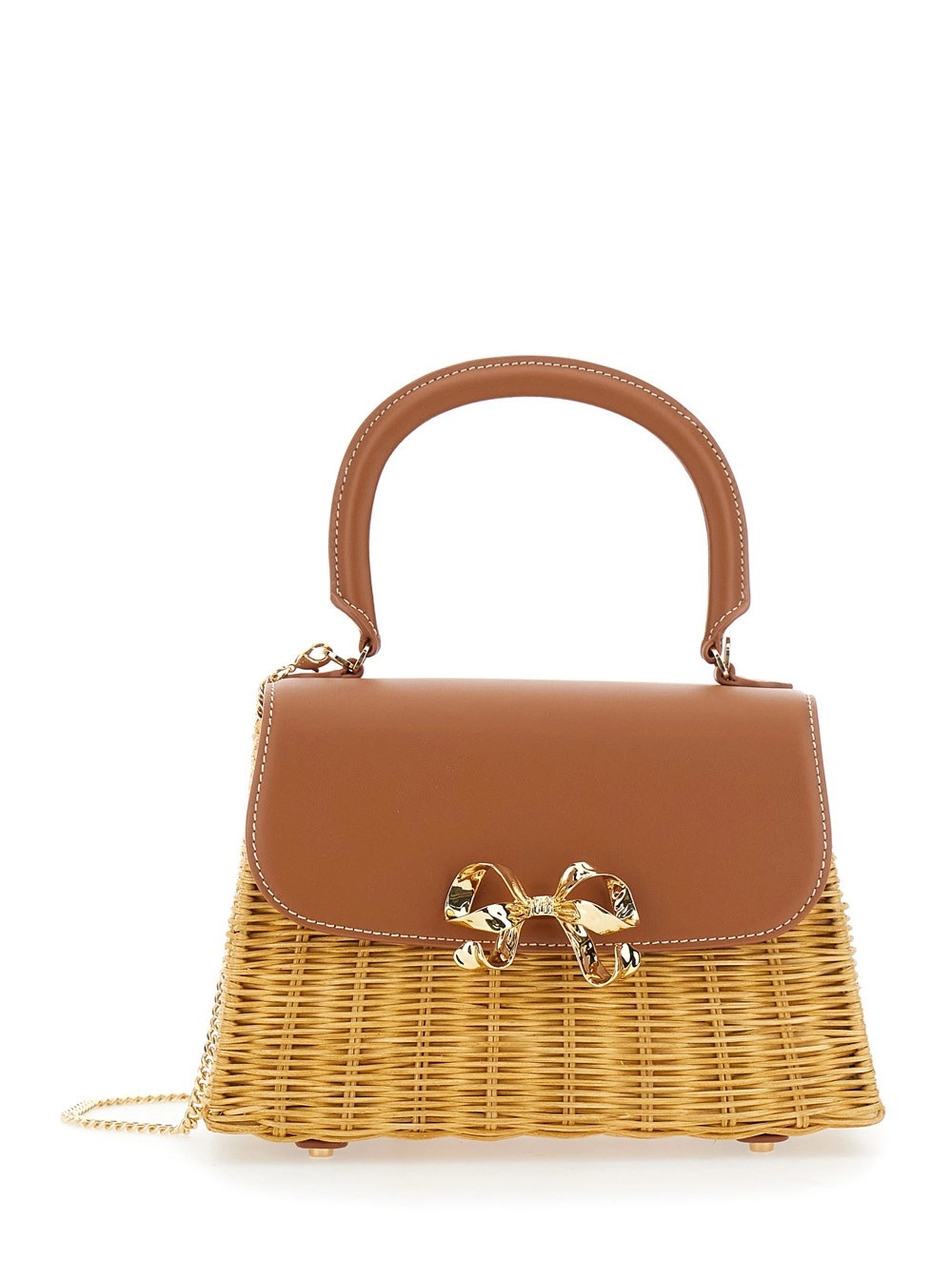 Braune Handtasche "Rattan Mini Bow" mit Schulterriemen mit Kettenglied und Schleifendetail aus Raffiabast und Leder Damen