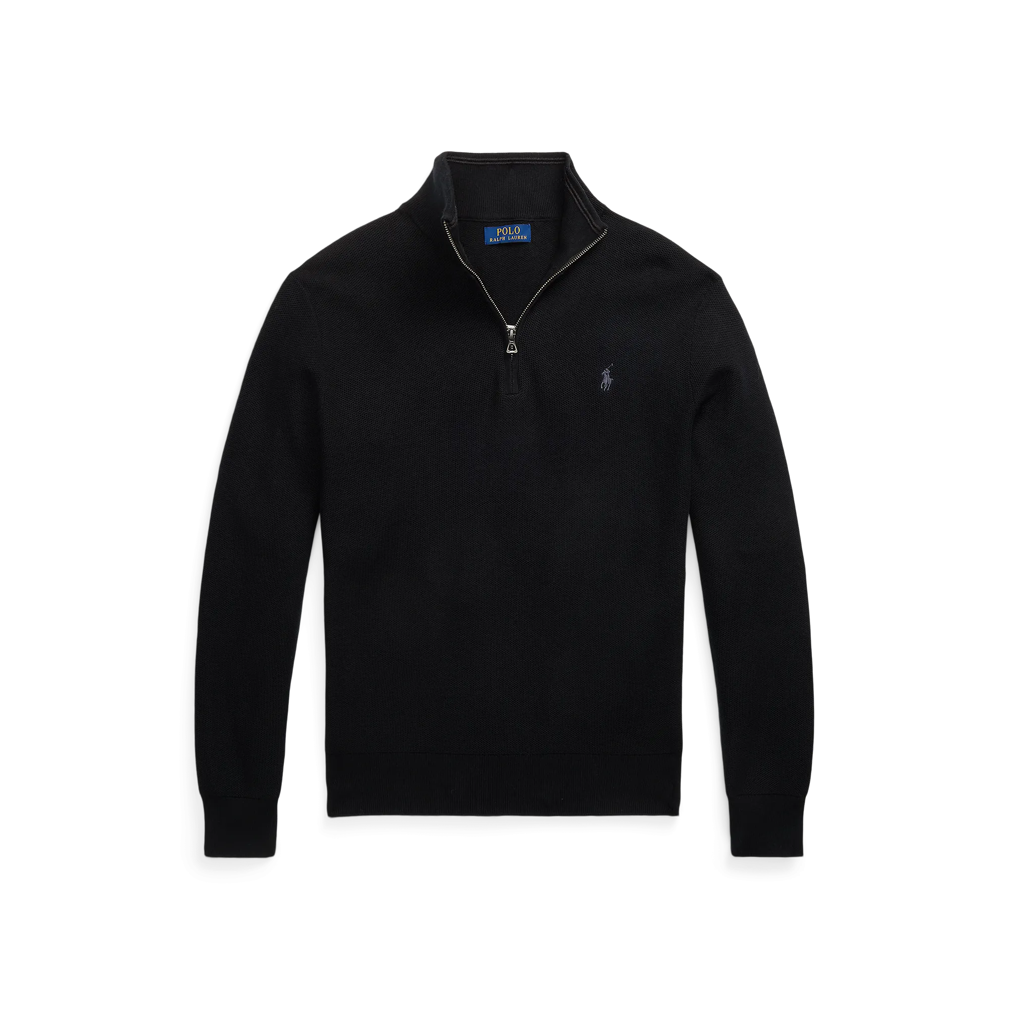 Pullover aus Baumwoll-Piqué mit Stehkragen und Reißverschluss Schwarz