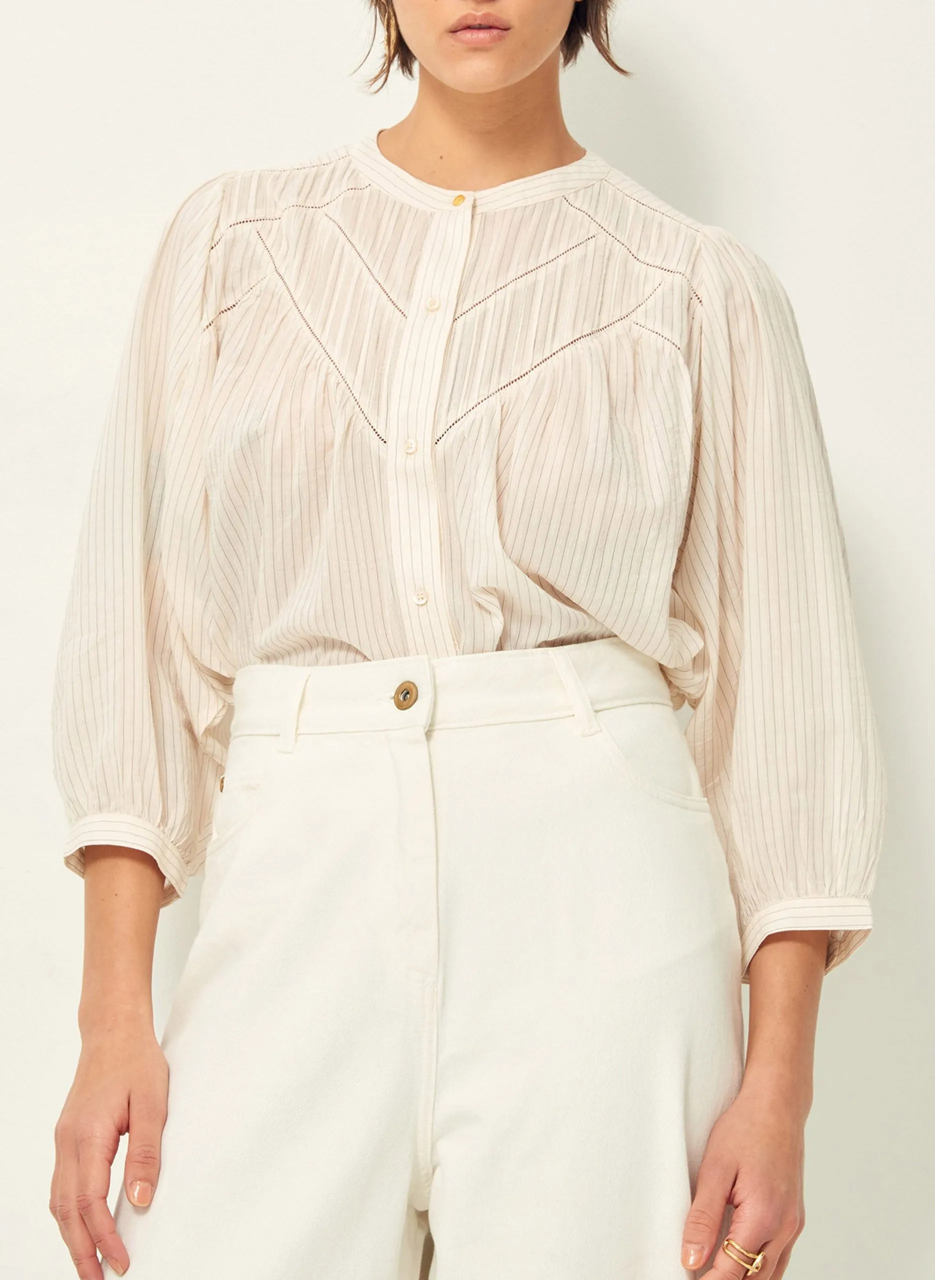 Weite Bluse aus Baumwoll-Mix mit Mao-Kragen Weiss SAVI