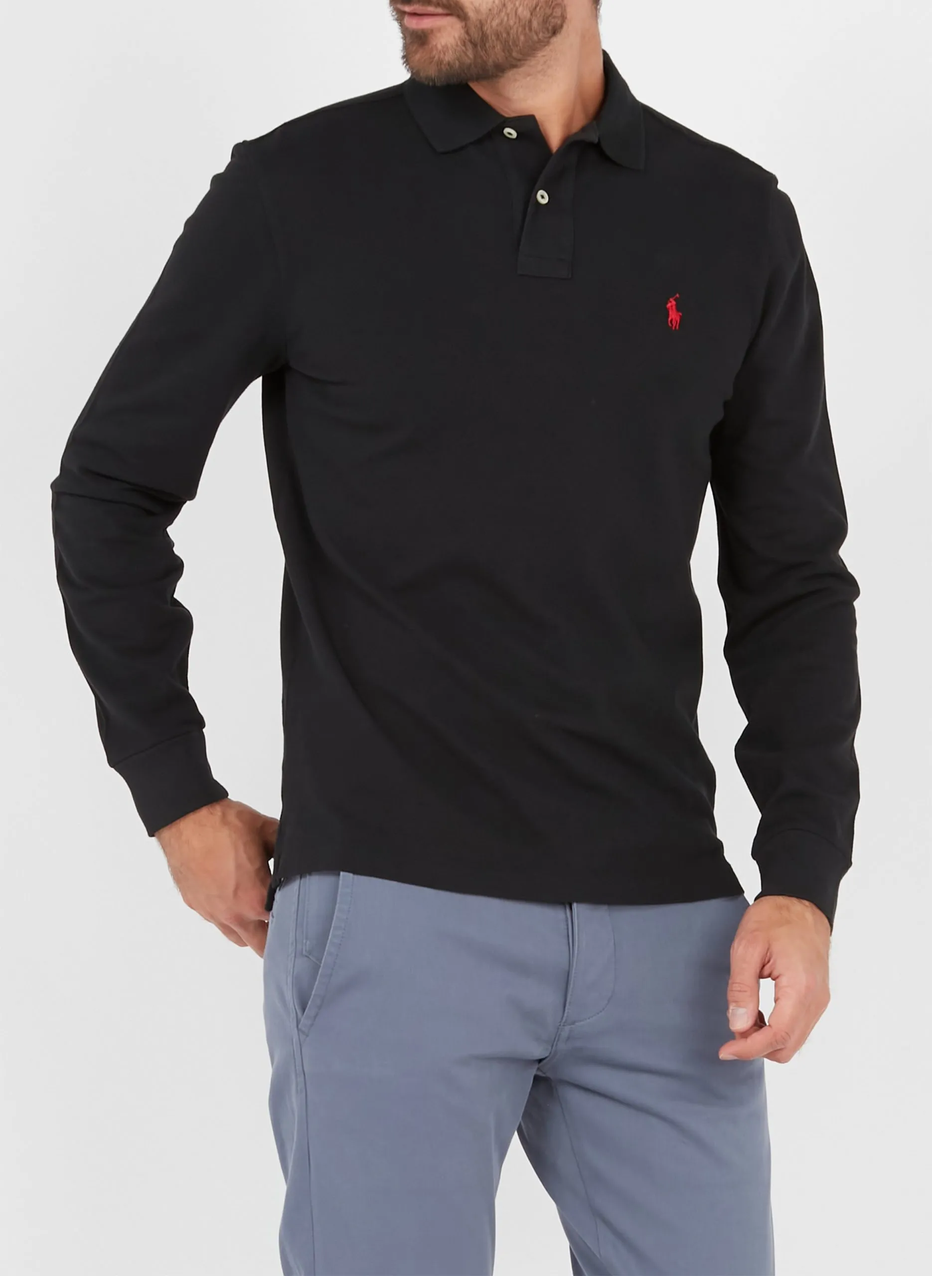 Langärmliges Poloshirt aus Baumwoll-Piqué, Regular Fit Schwarz