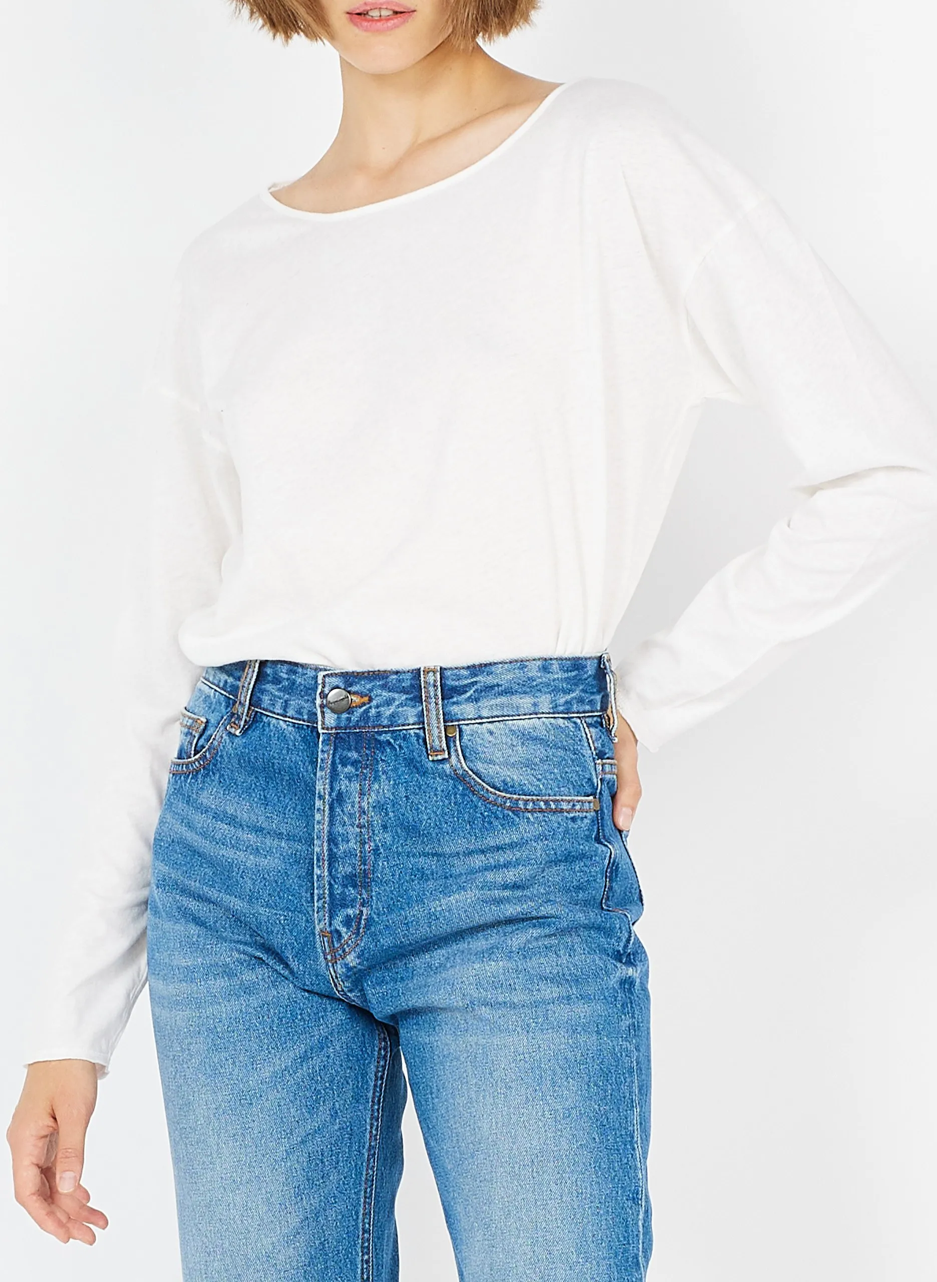 Weites Baumwoll-T-Shirt mit U-Boot-Ausschnitt Weiss AKSUN