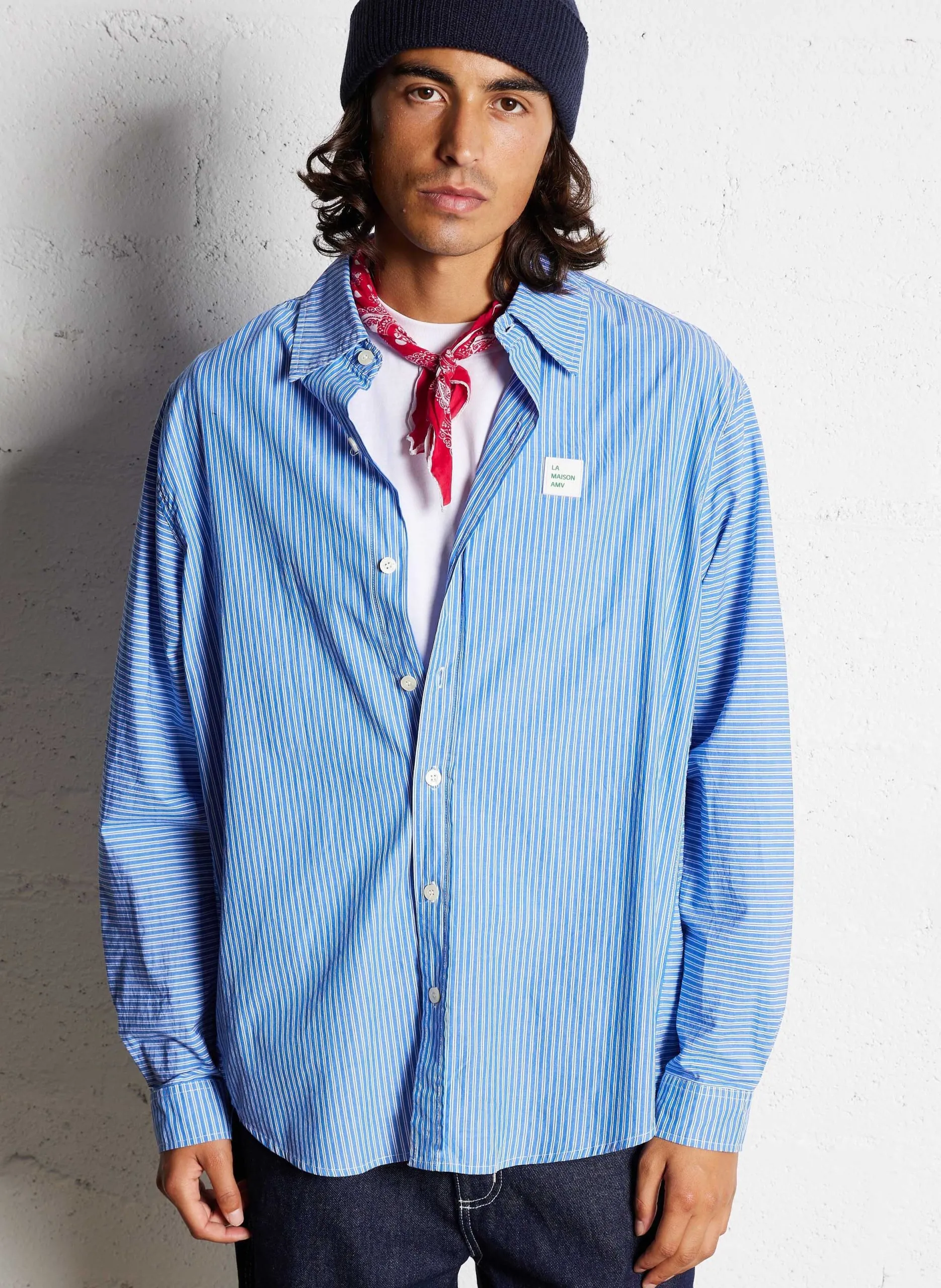 Oversize gestreiftes Baumwollhemd Blau ZATYBAY