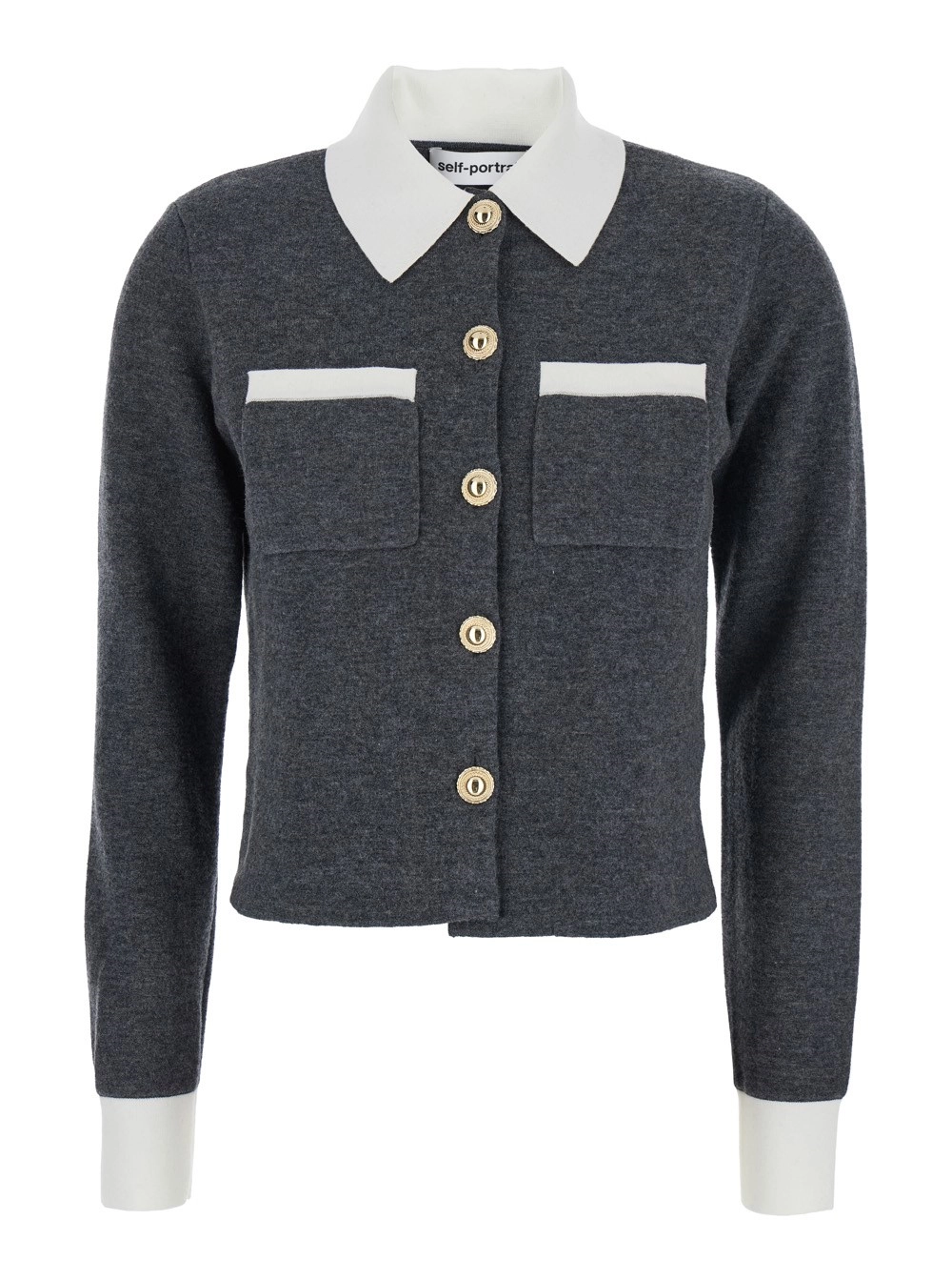 Grauer Cropped-Cardigan mit kontrastierendem klassischem Kragen und zwei aufgesetzten Taschen vorne aus Wollmischung Damen