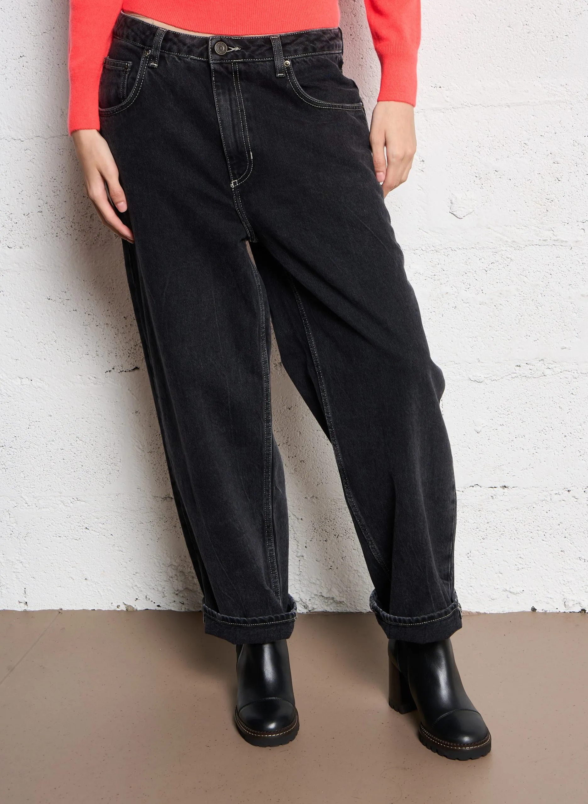 - Gerader Schnitt - Hoher Bund - Reißverschluss - Gürtelschlaufen - 5 Taschen - Aus Stretch-Baumwolle Schwarz YOPDAY-B