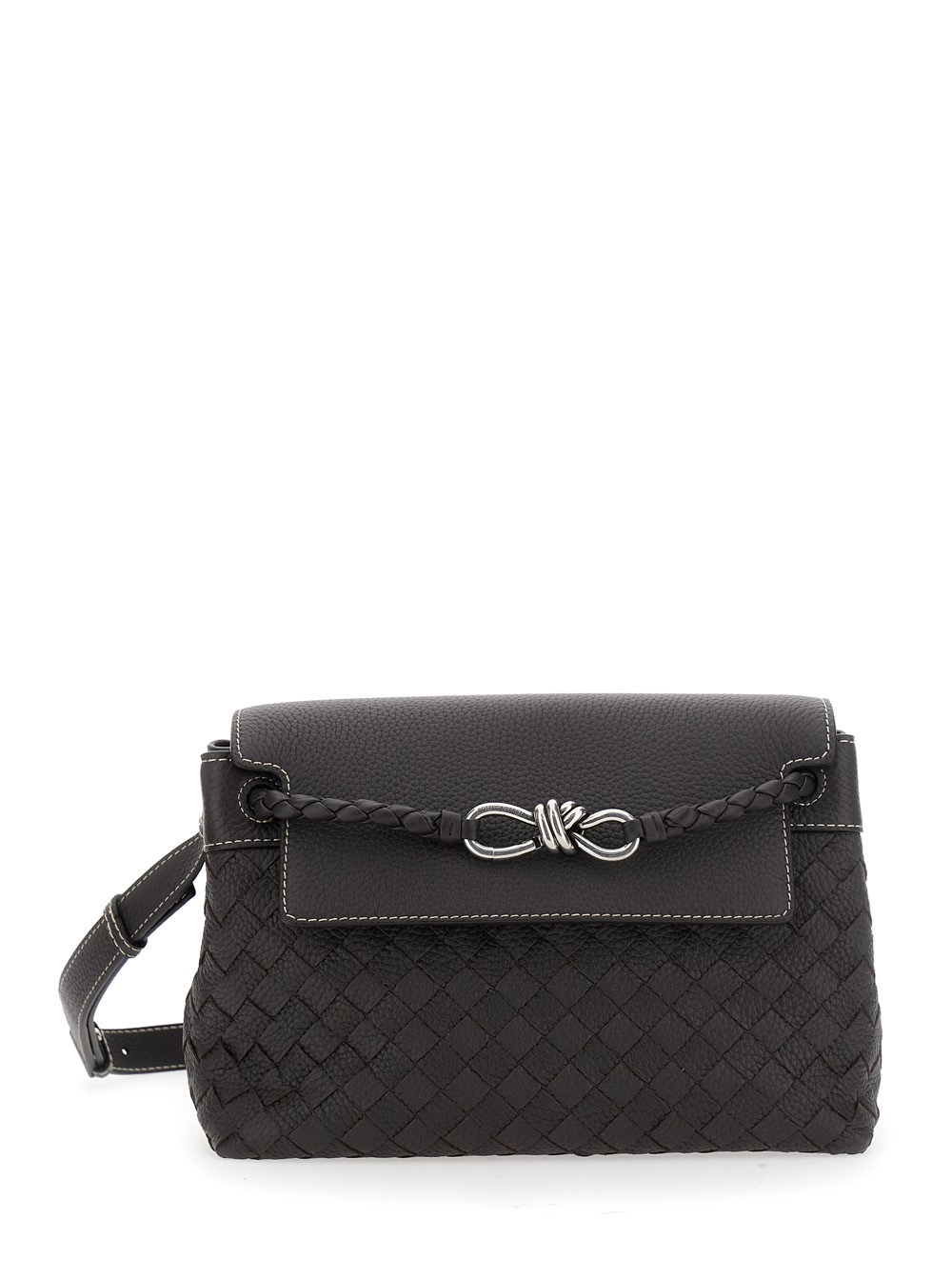 'Andiamo Braune Umhängetasche mit Knotendetail vorne und Intrecciato-Motiv aus Leder Herren