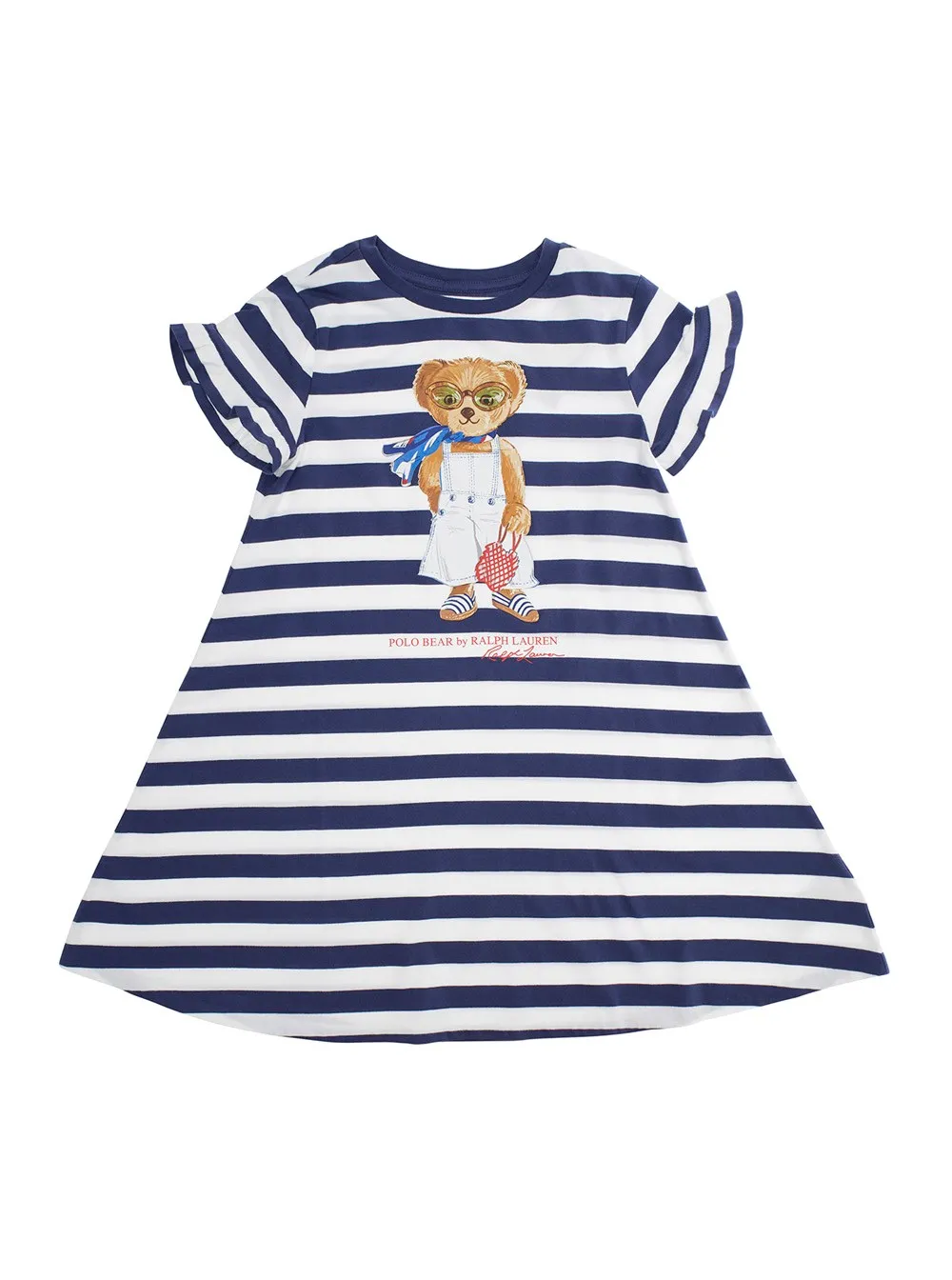 Mehrfarbiges Kleid mit Rundhalsausschnitt, Logodruck auf der Vorderseite und All-Over gestreiftem Motiv aus Baumwolle Mädchen