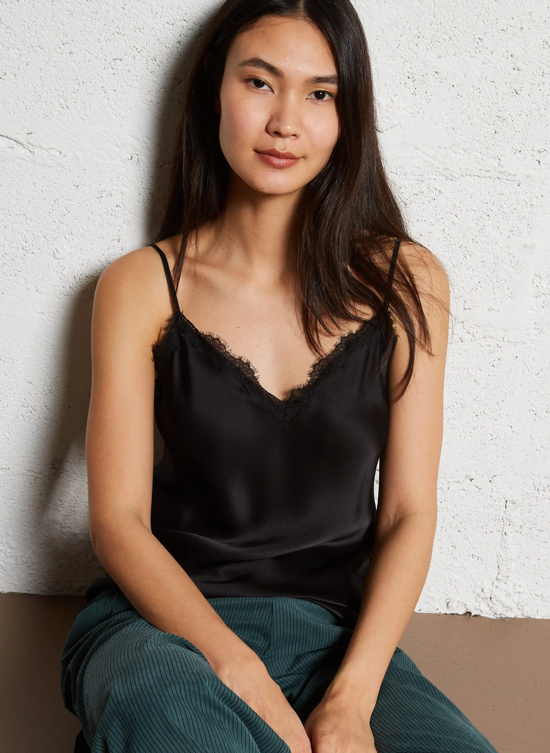 Seiden-Trägertop mit Spitze Schwarz MINDY