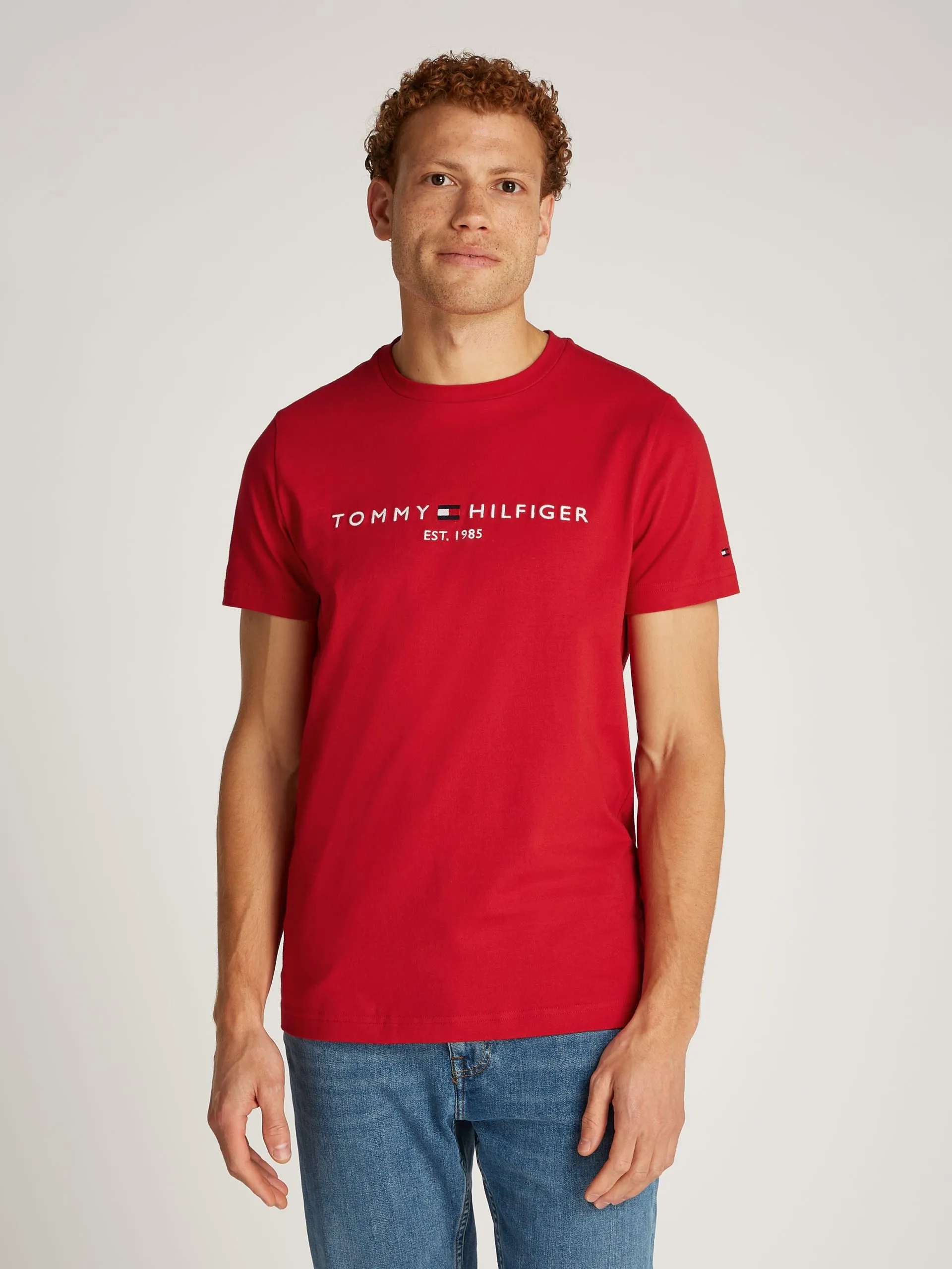Besticktes Rundhals-T-Shirt aus Bio-Baumwolle Rot