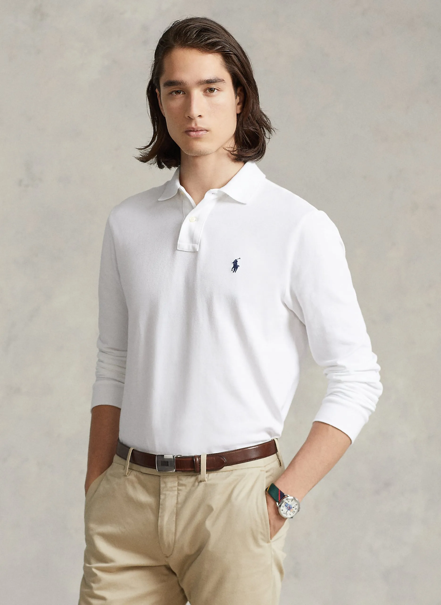 Langärmliges Poloshirt aus Baumwoll-Piqué, Regular Fit Weiss