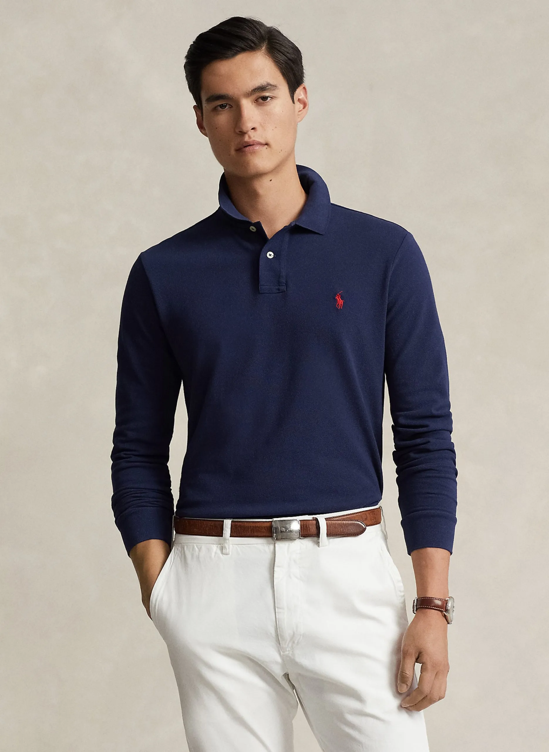 Langärmliges Poloshirt aus Baumwoll-Piqué, Regular Fit Blau