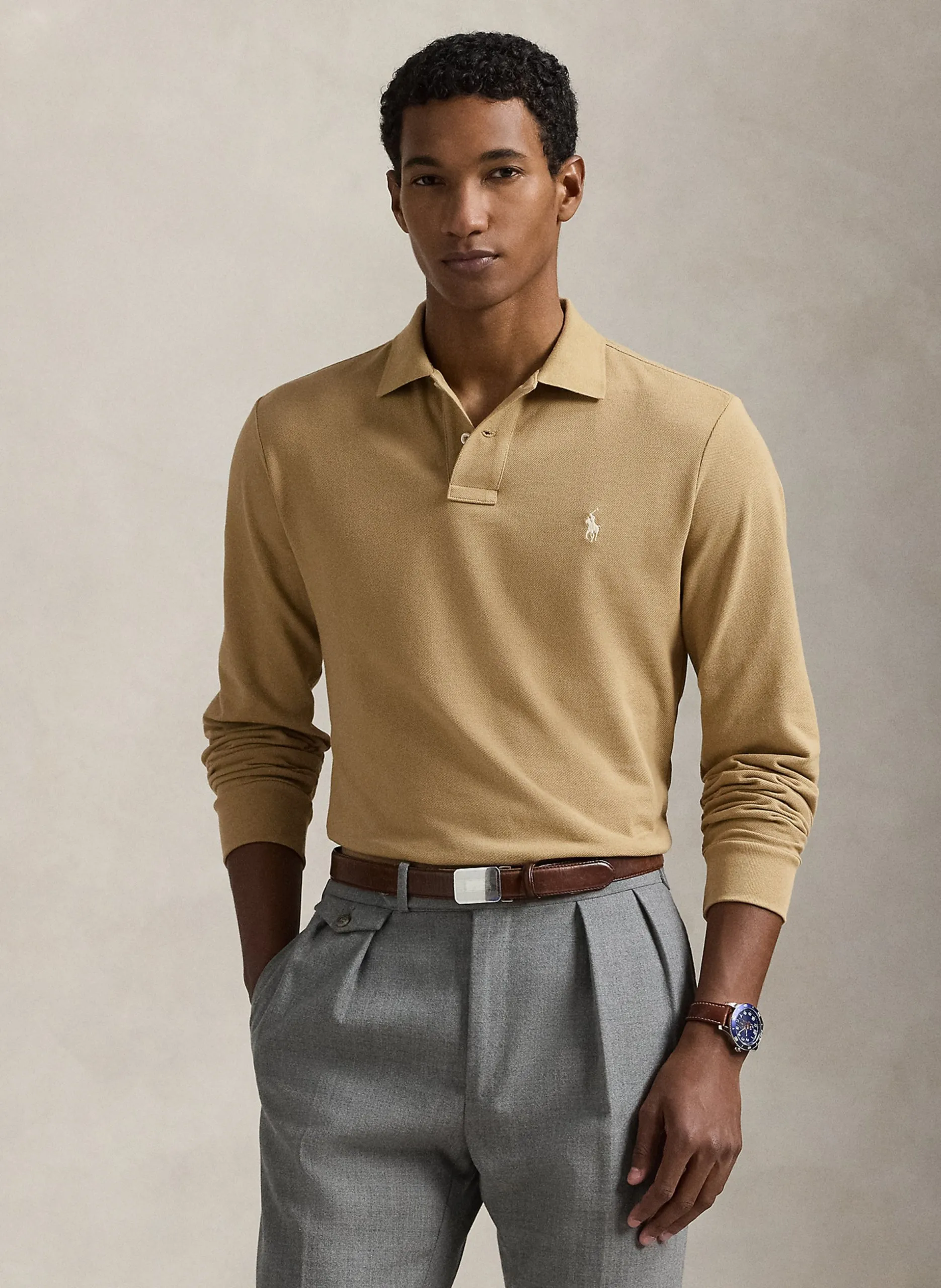 Langärmliges Poloshirt aus Baumwoll-Piqué, Regular Fit Beige