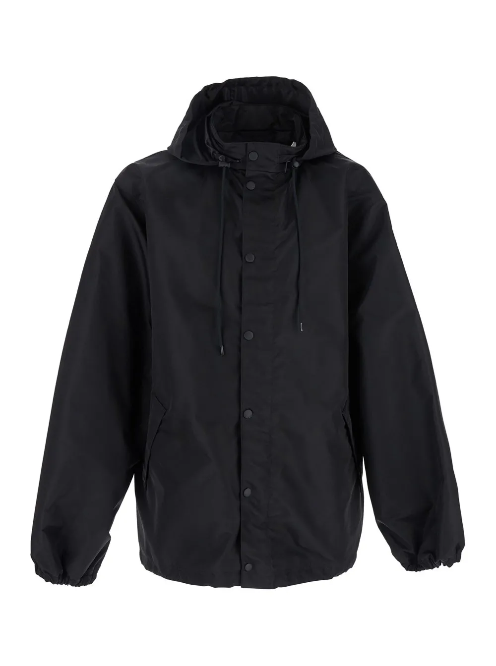 Schwarze Jacke mit Kapuze mit Kordelzug und Maxi-Logoschriftzug auf der Rückseite aus technischem Stoff Herren