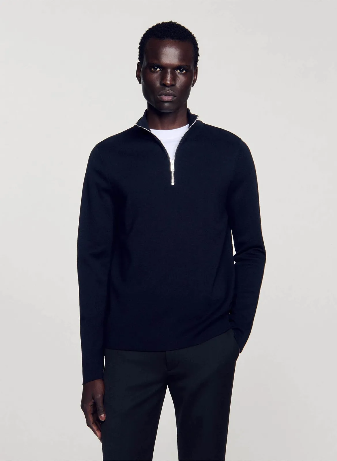 Wollpullover mit Stehkragen und Reißverschluss Schwarz