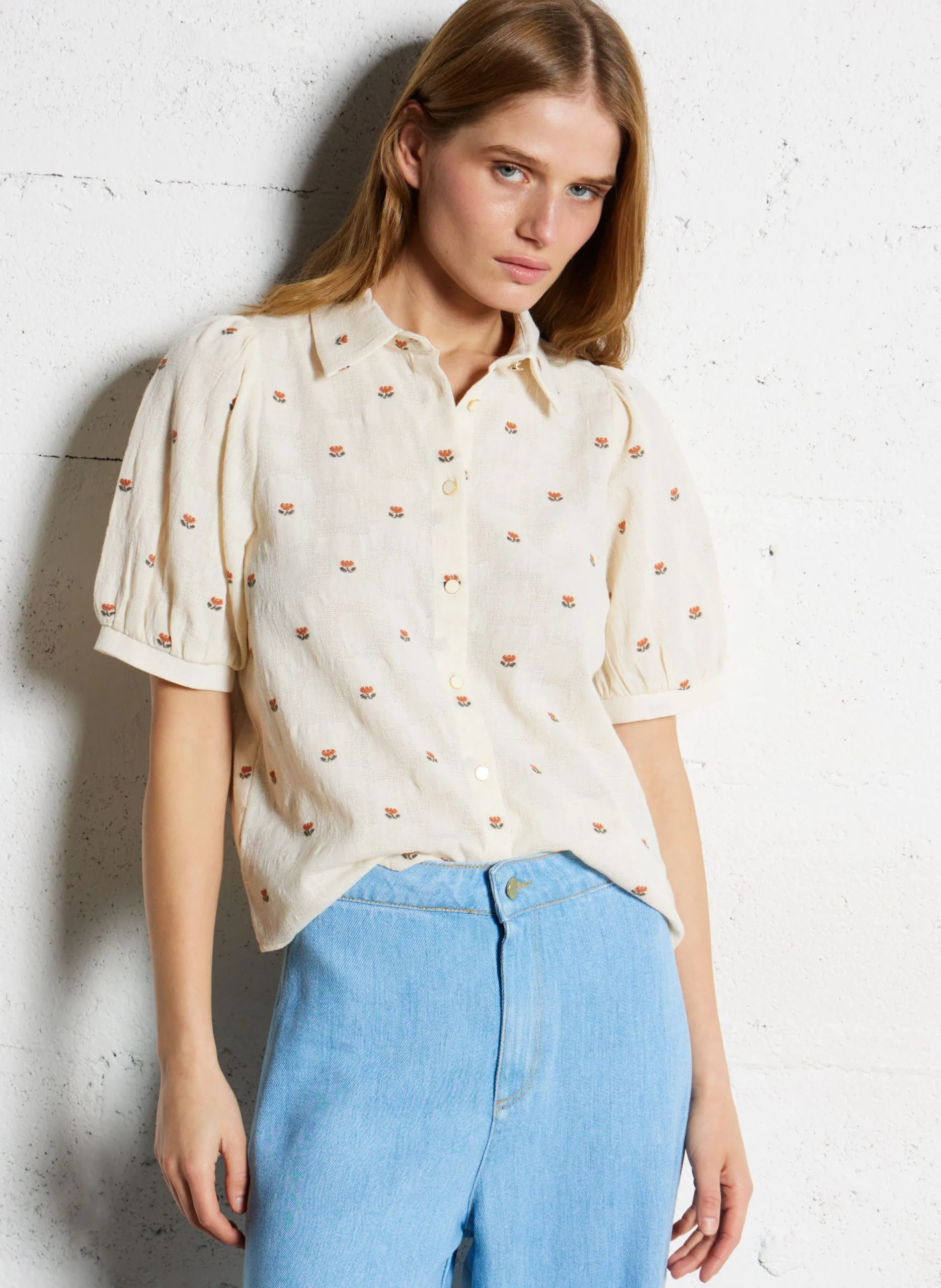 Bestickte Bluse aus Baumwoll-Mix Weiss