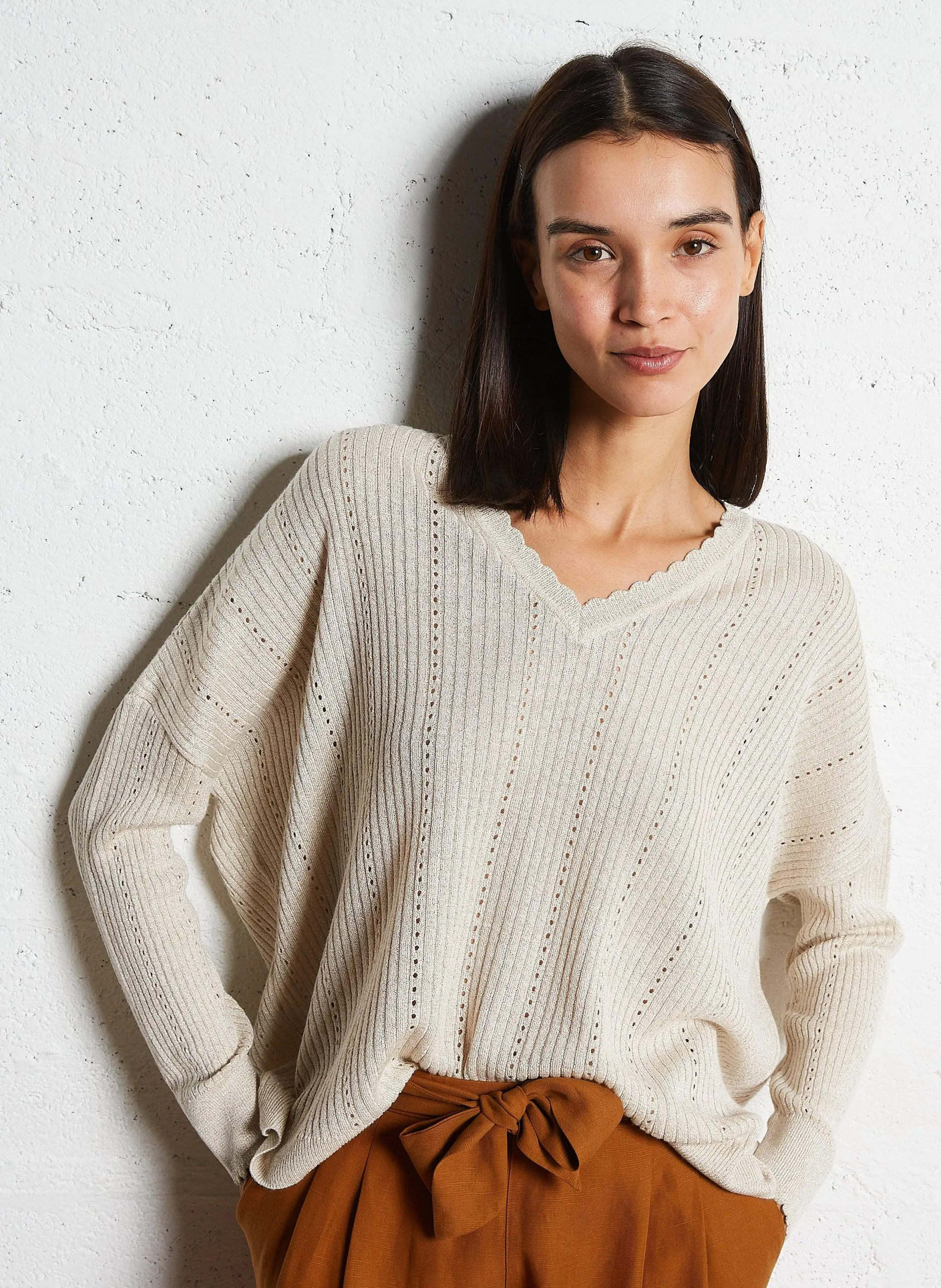 Oversize-Pullover mit V-Ausschnitt Weiss