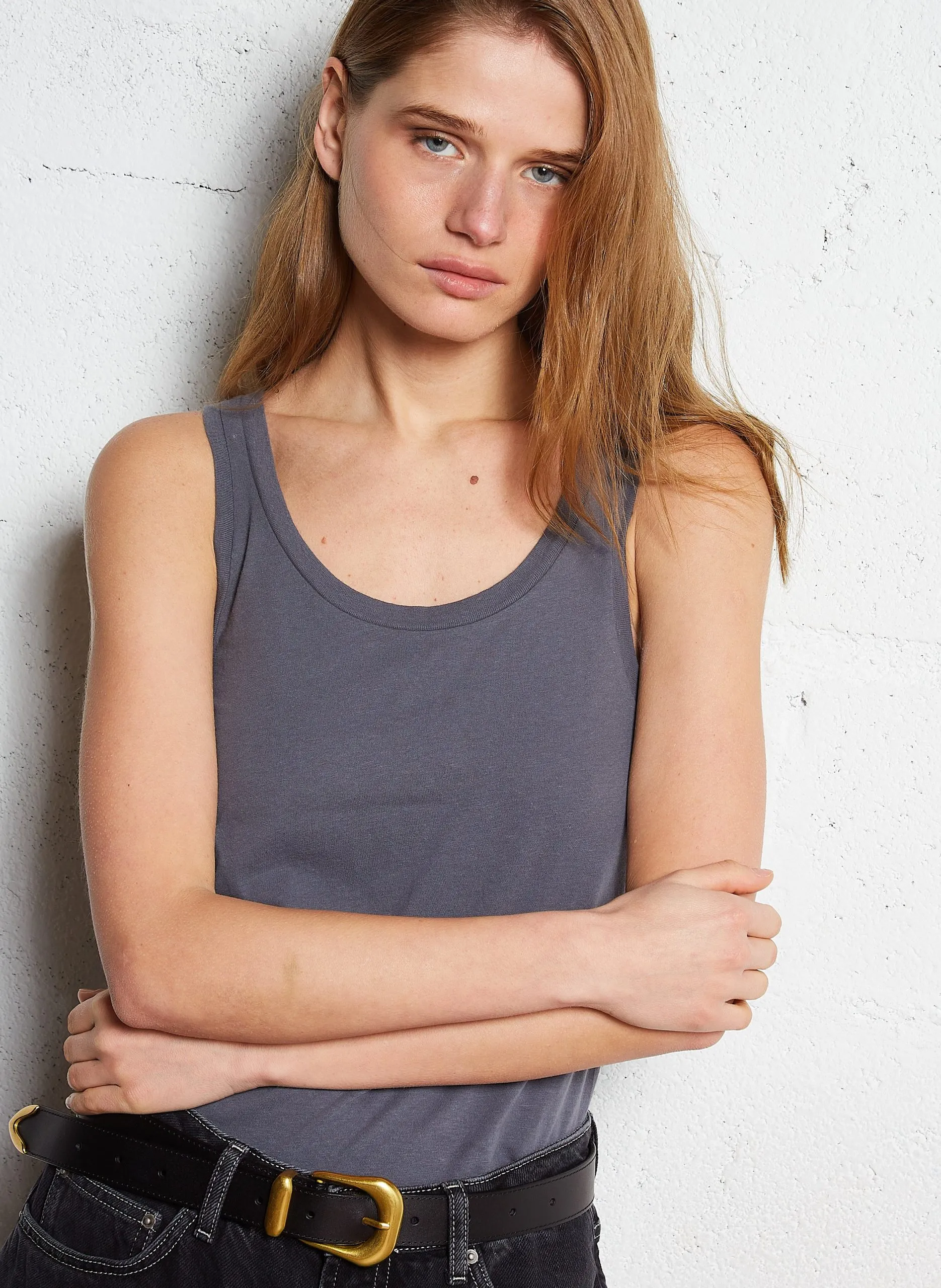 Baumwoll-Tanktop mit U-Bootausschnitt Grau GAMIPY