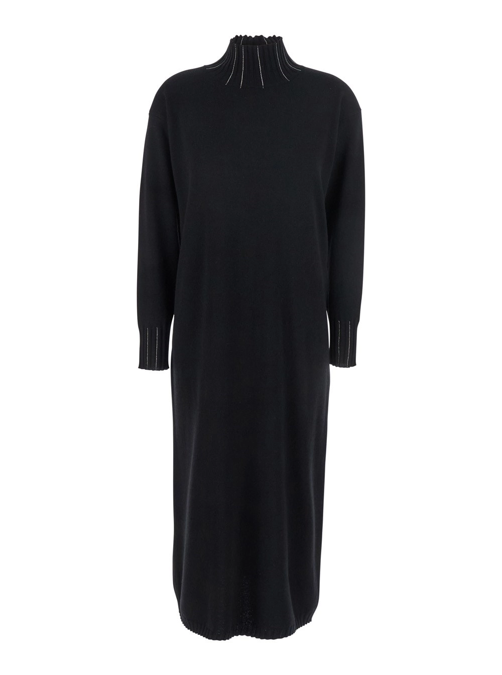 Schwarzes hochgeschlossenes Kleid mit Strassdetails aus Wollmischung Damen