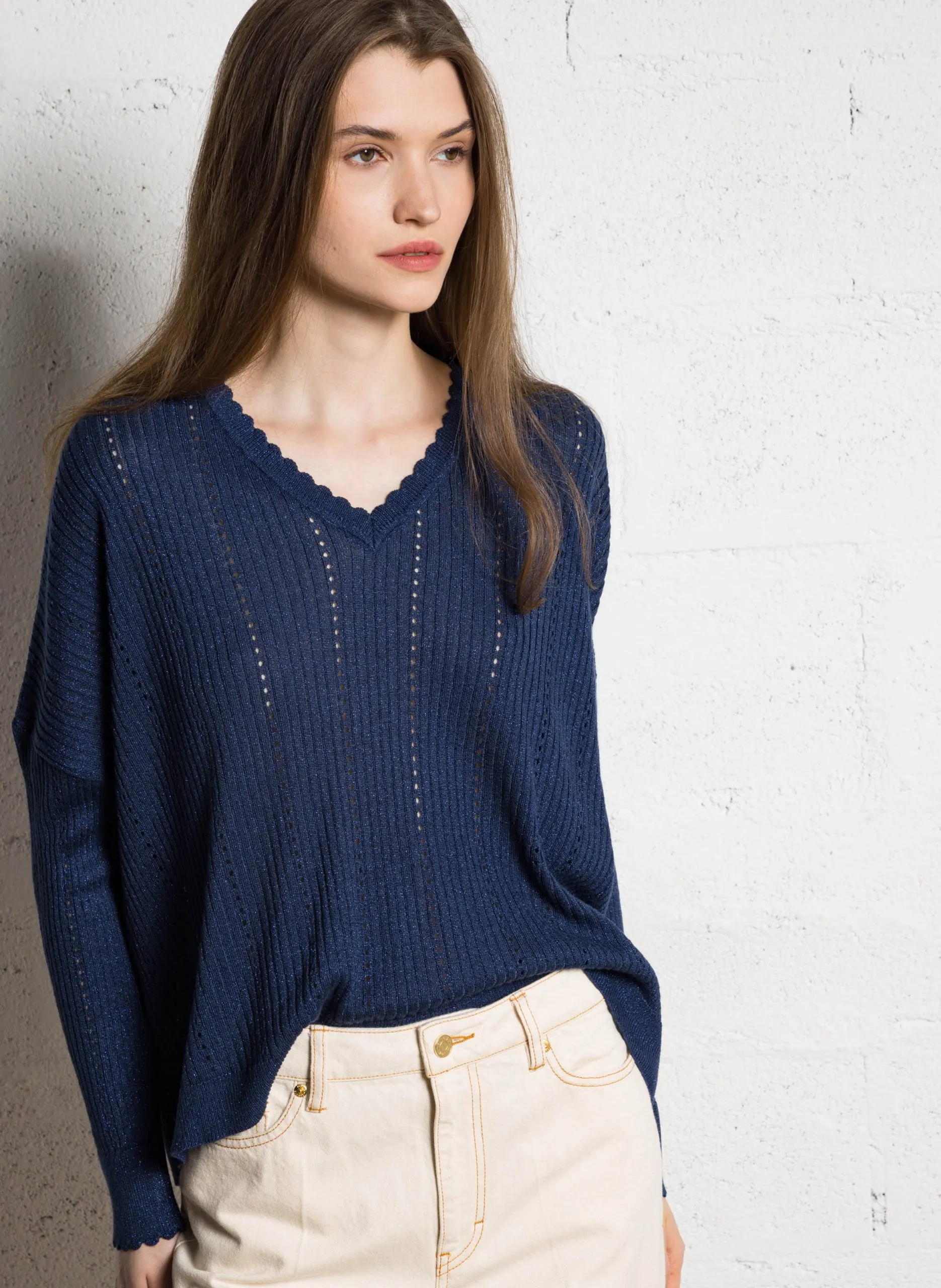 Oversize-Pullover mit V-Ausschnitt Blau