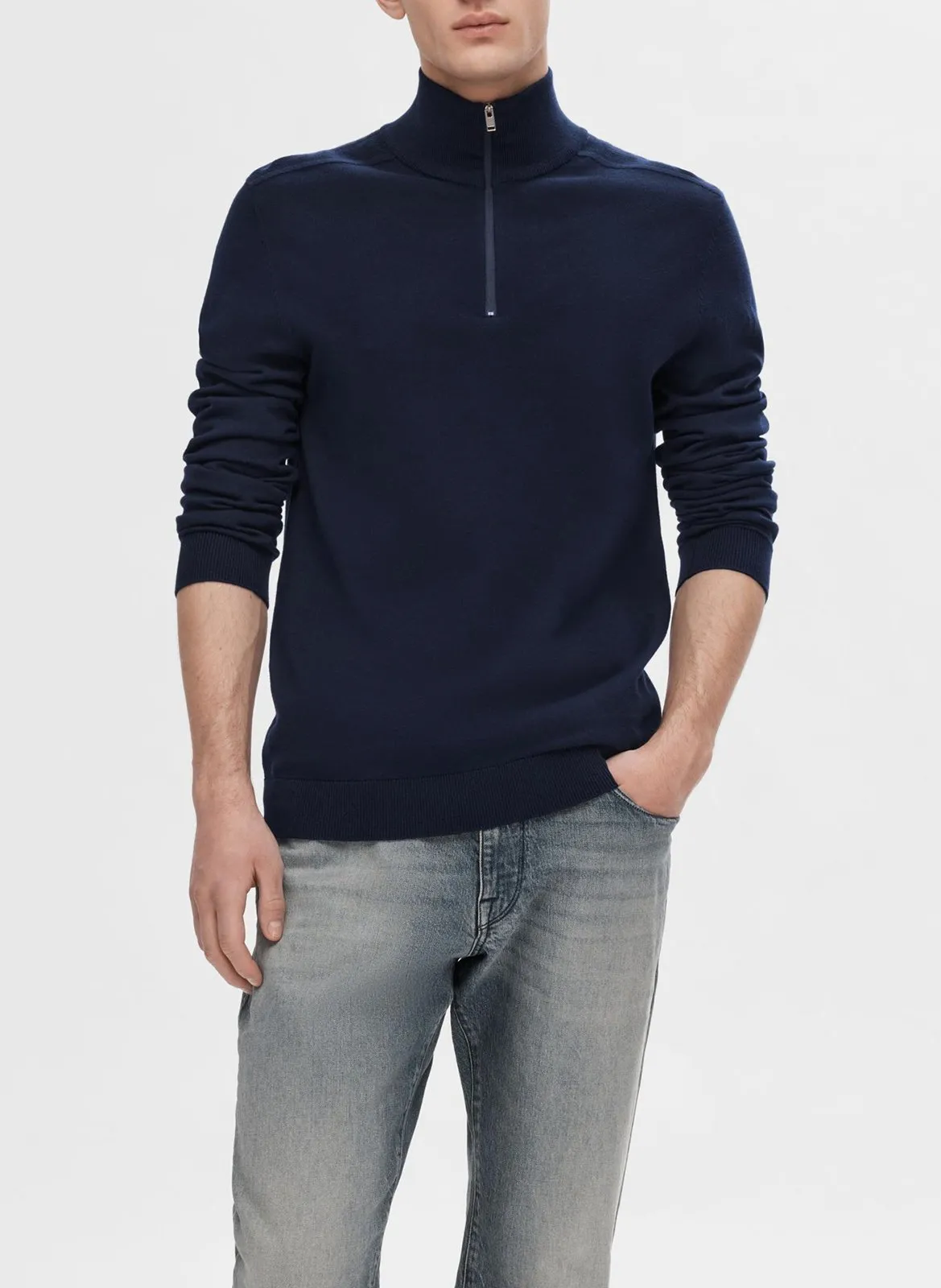 Baumwollpullover mit Stehkragen und Reißverschluss, Regular Fit Blau BERG