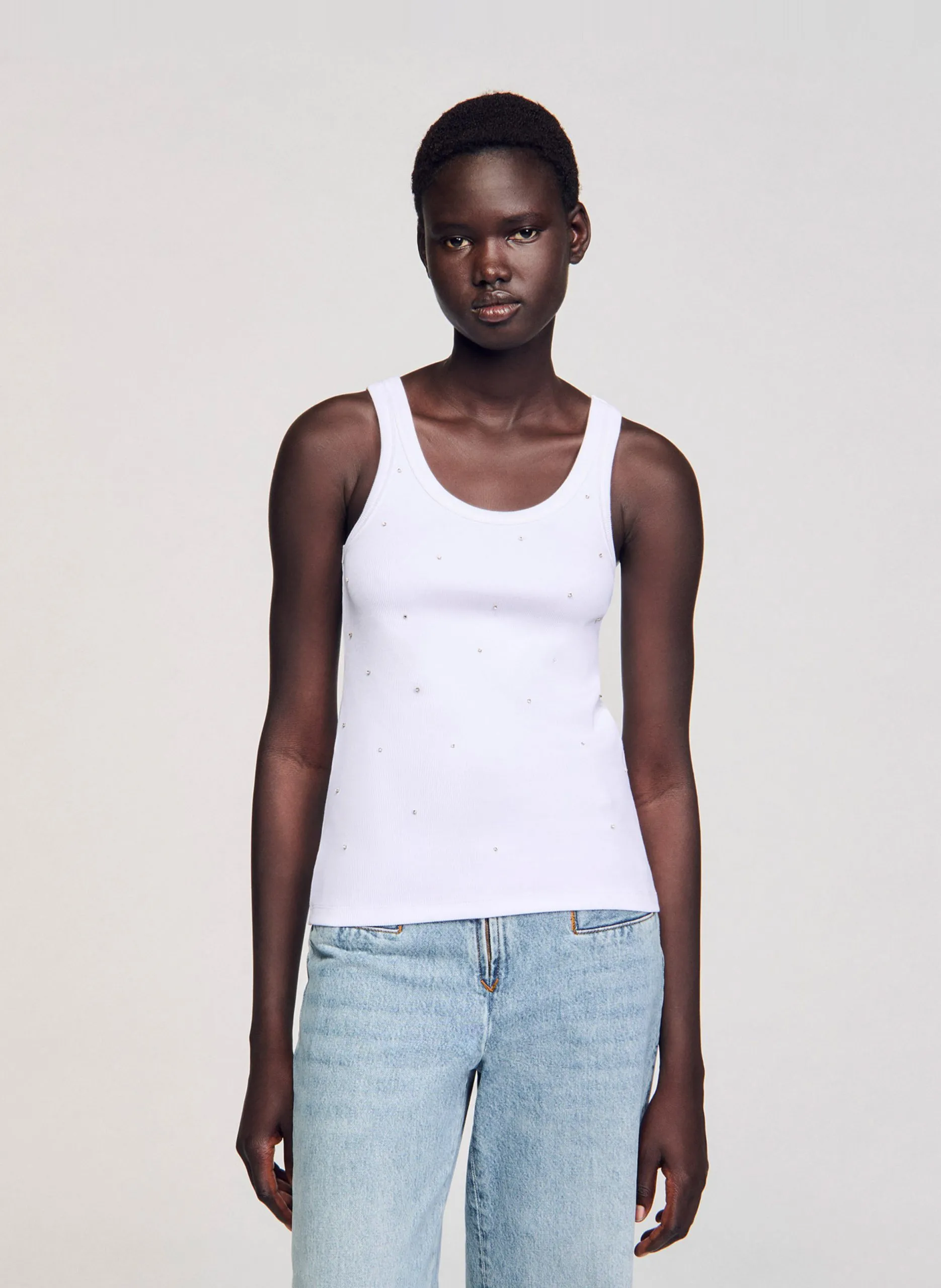 Ärmelloses Top mit Strass aus Baumwolle Weiss