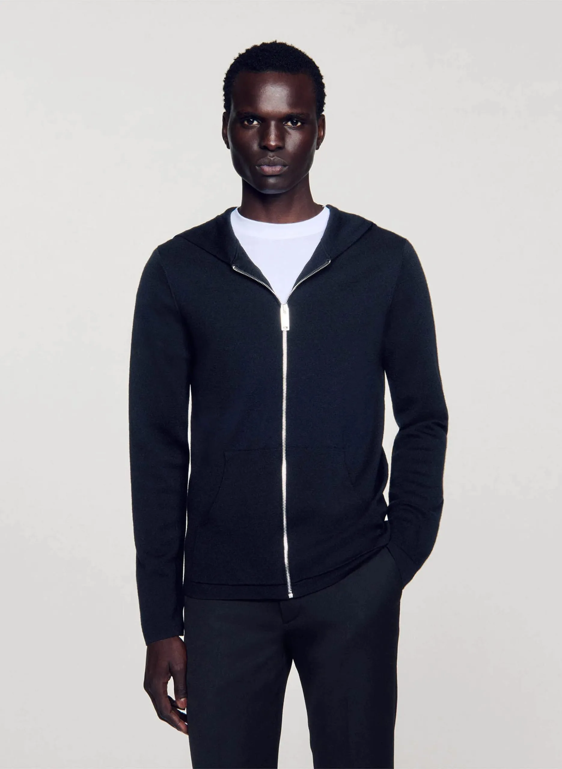 Wollstrickjacke mit Reißverschluss und Kapuze, Regular Fit Schwarz