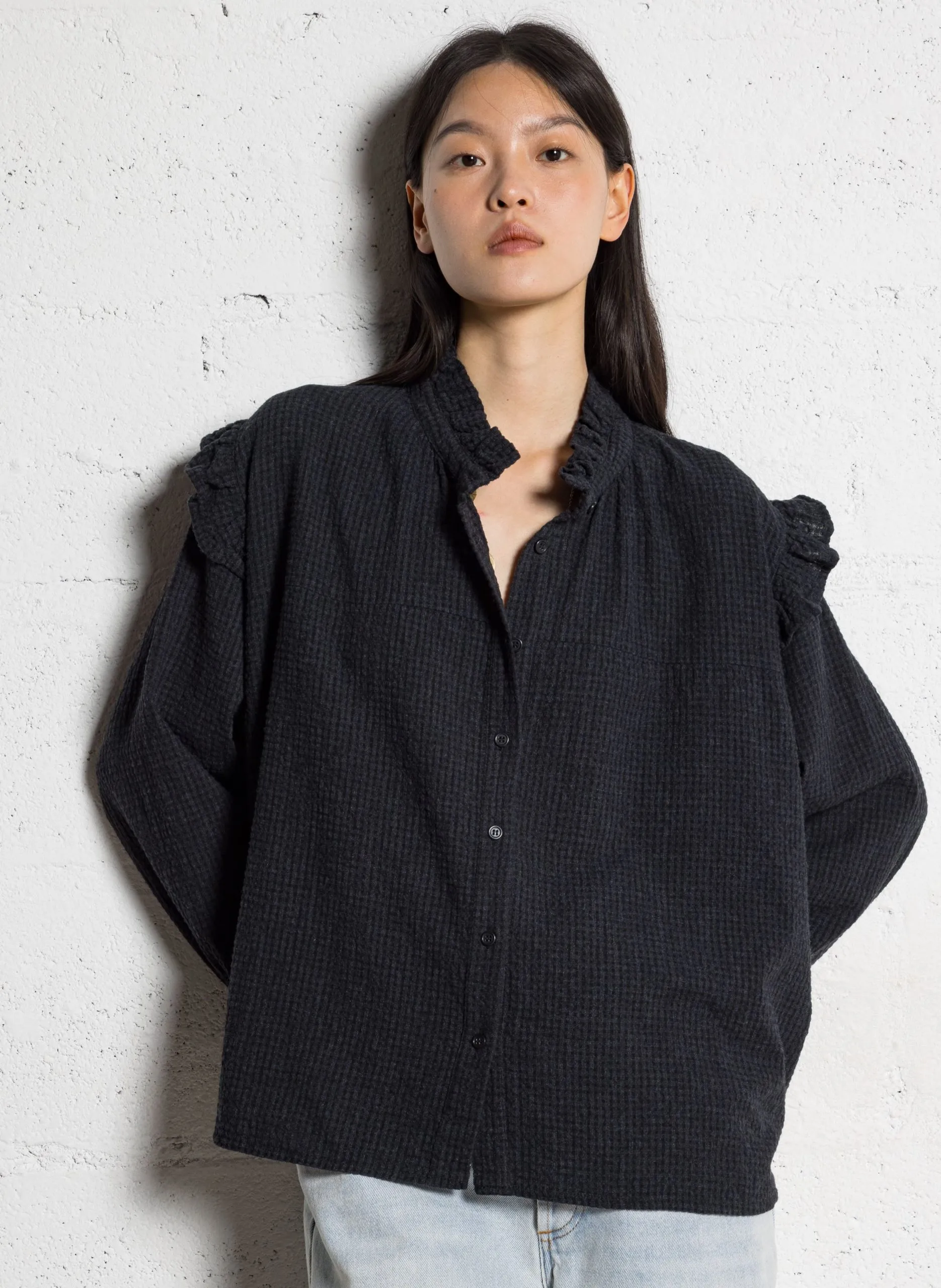 Bluse mit viktorianischem Kragen aus Baumwollmischung Schwarz VICHY CAPUCINE