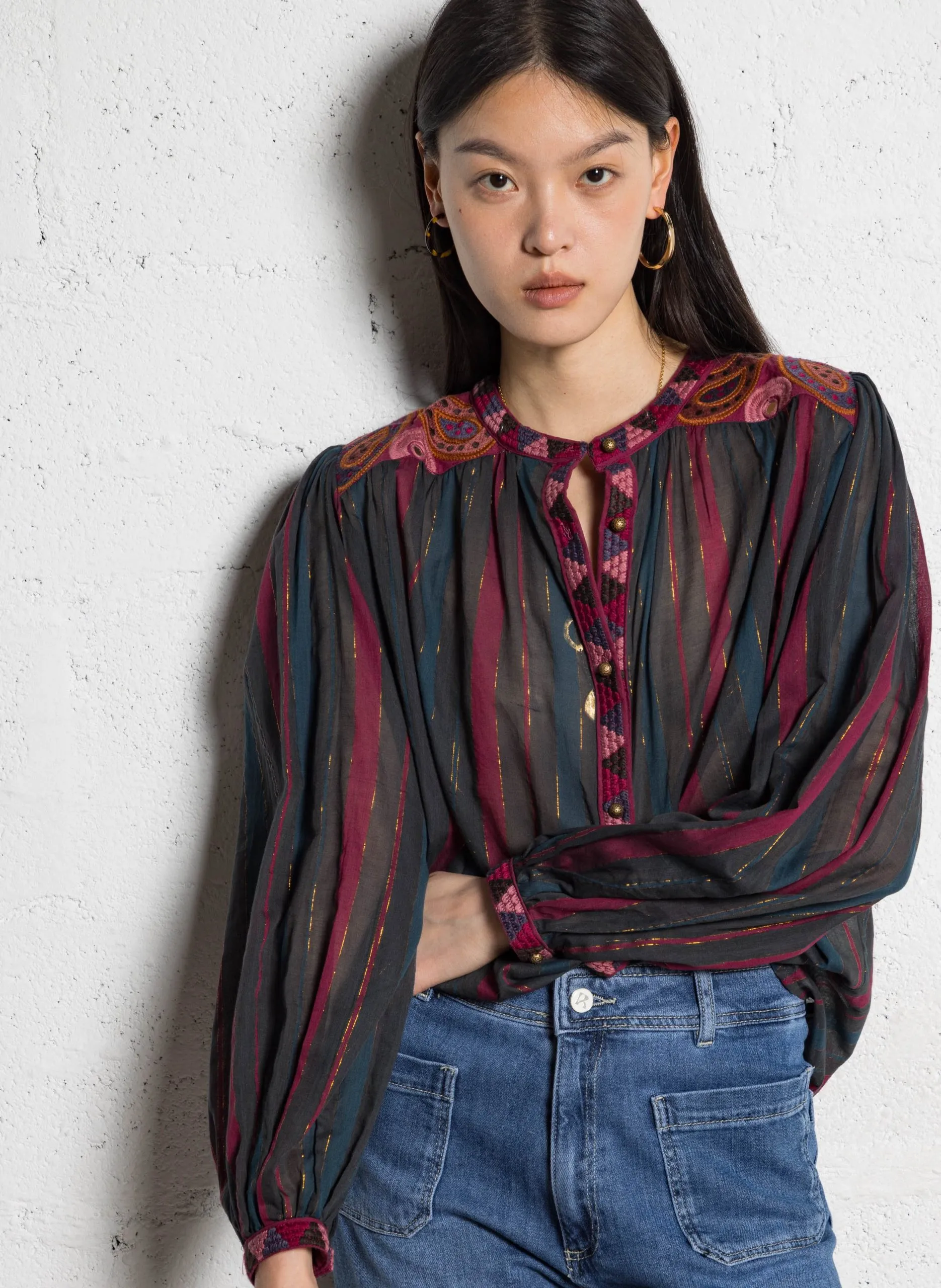 Gestreifte Bluse mit Stickereien Rot GYPSY SUN MEERA