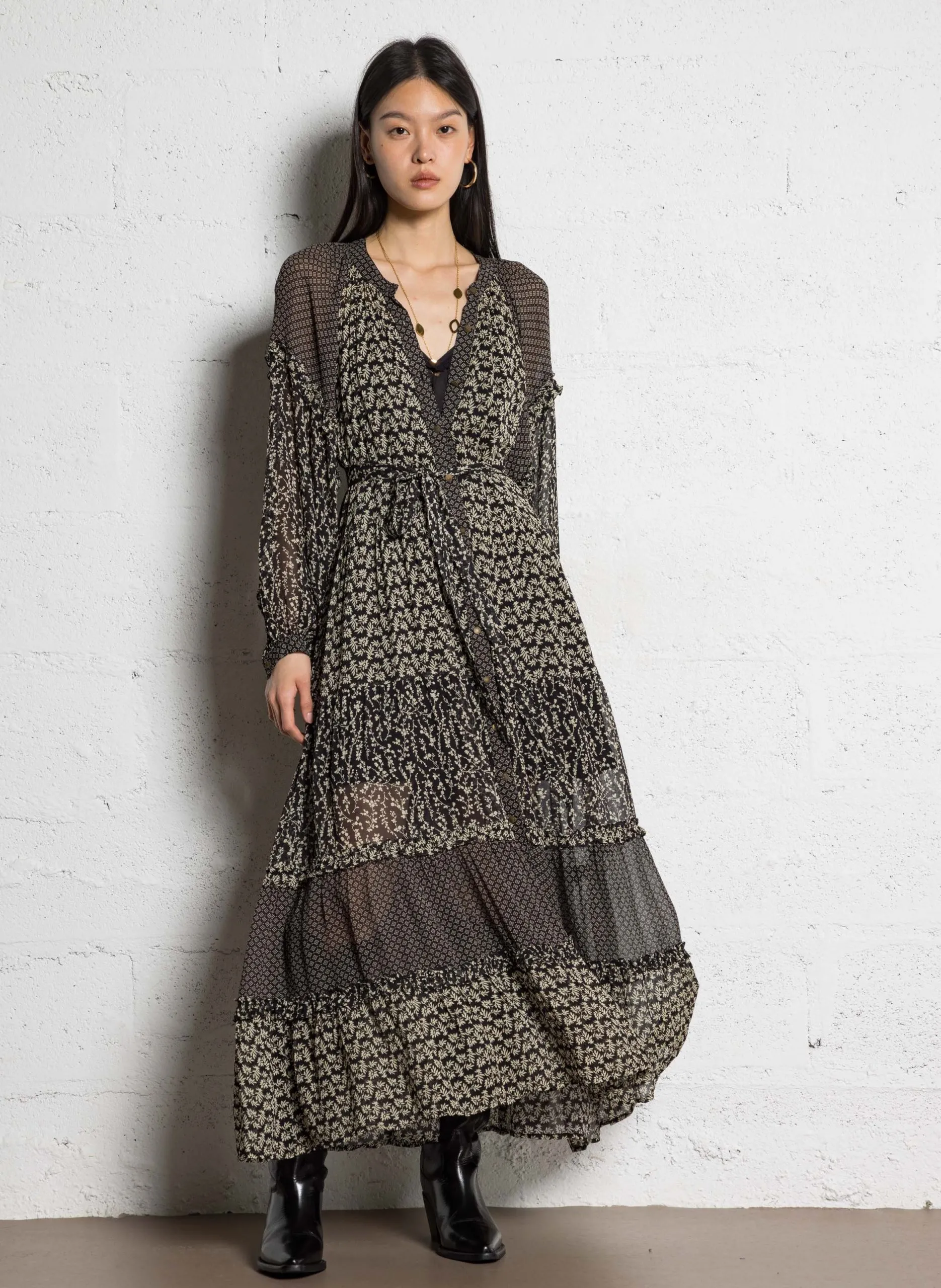 Bedrucktes Maxikleid mit Rundhalsausschnitt Schwarz PAYES EULALIA