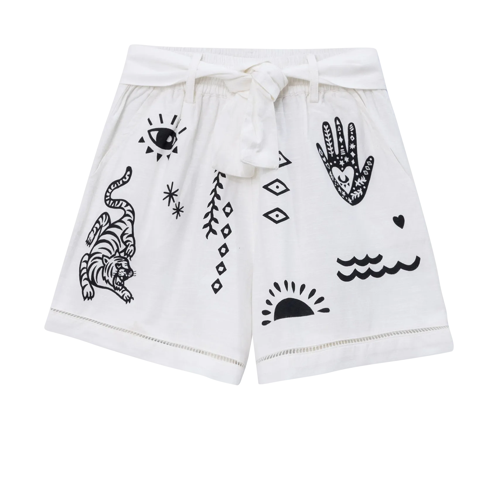 Gerade geschnittene, bedruckte Shorts aus Baumwoll-Mix Weiss