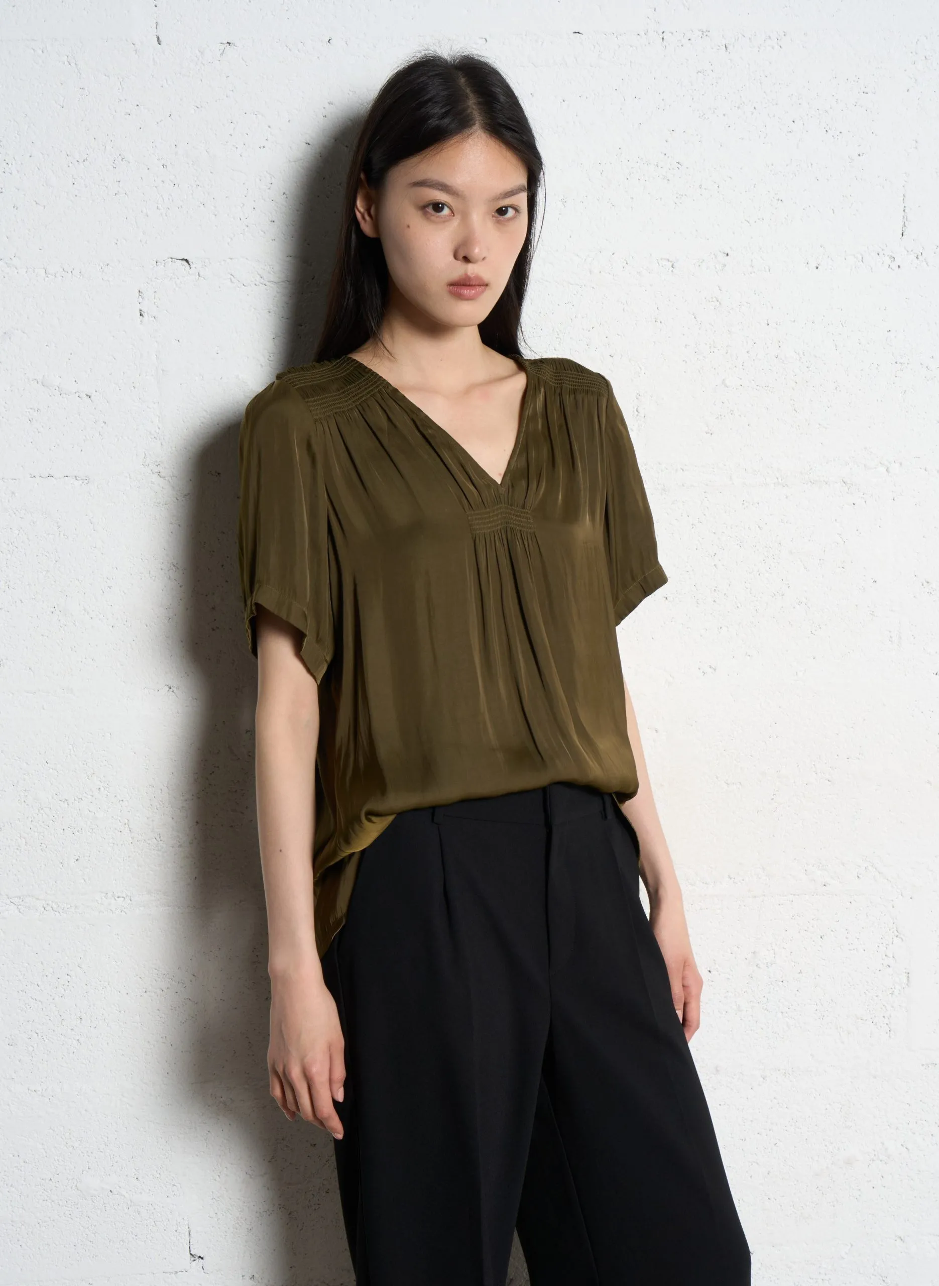 Oversize Satin Top Khaki