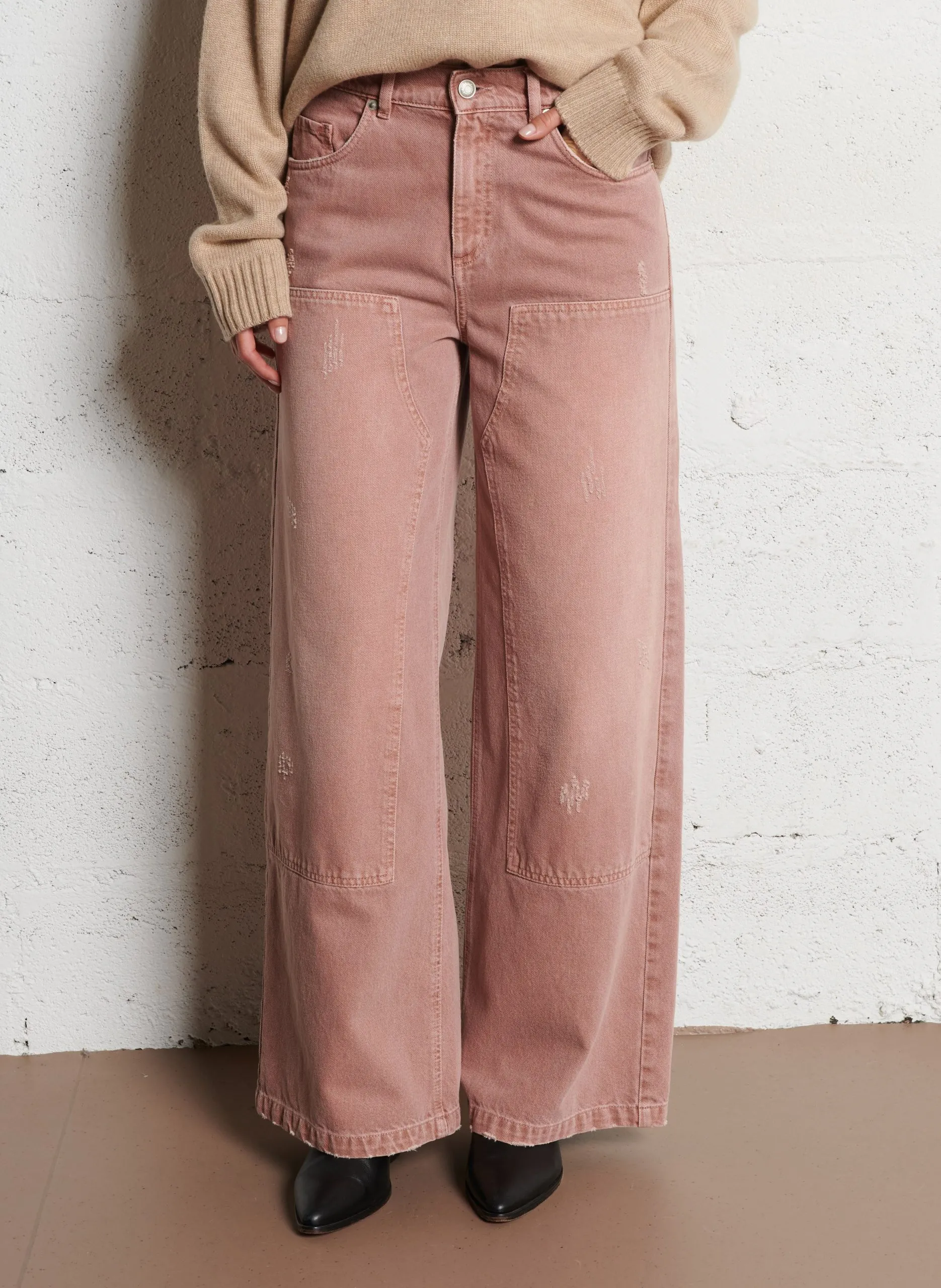 Hoch geschnittene Wide-Leg Jeans mit Used-Effekt Rosa