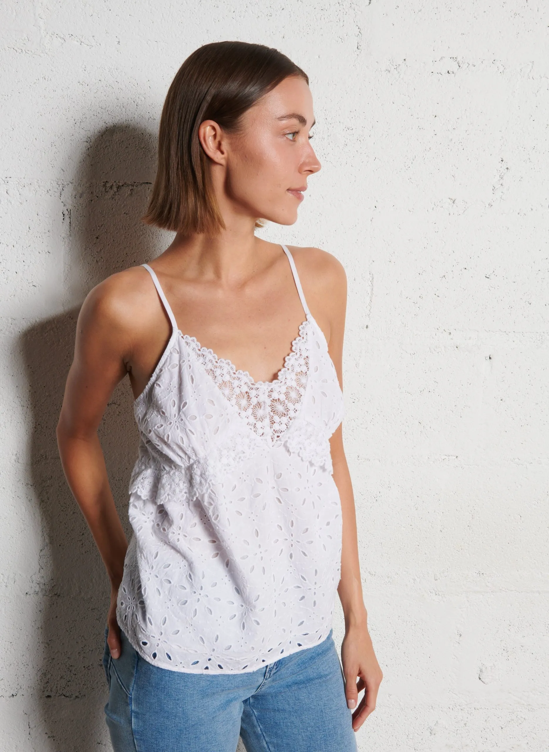 Oversize-Tanktop aus bestickter Baumwolle Weiss