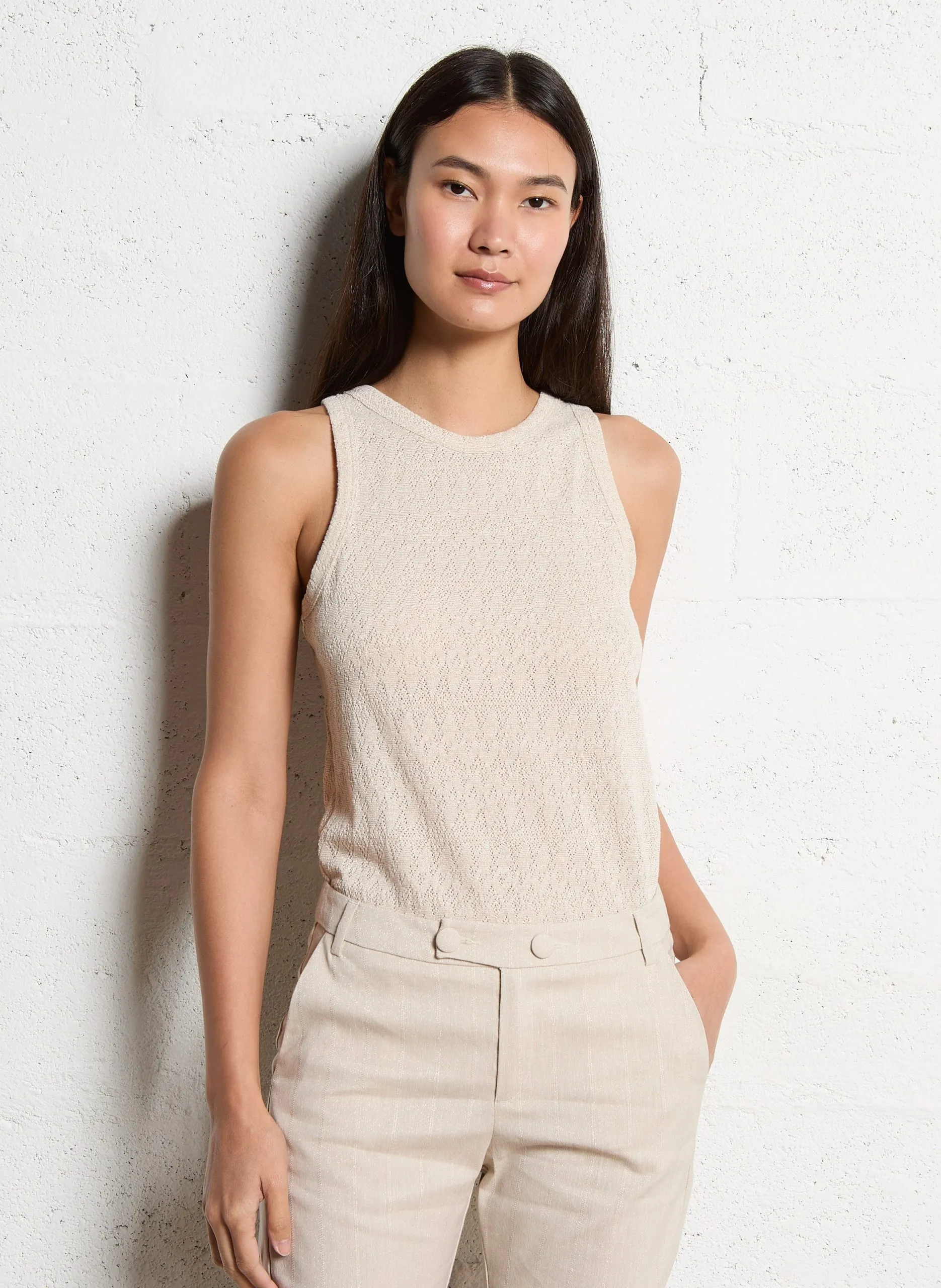 Gerader Ärmelloses Top aus metallischem Strick Weiss