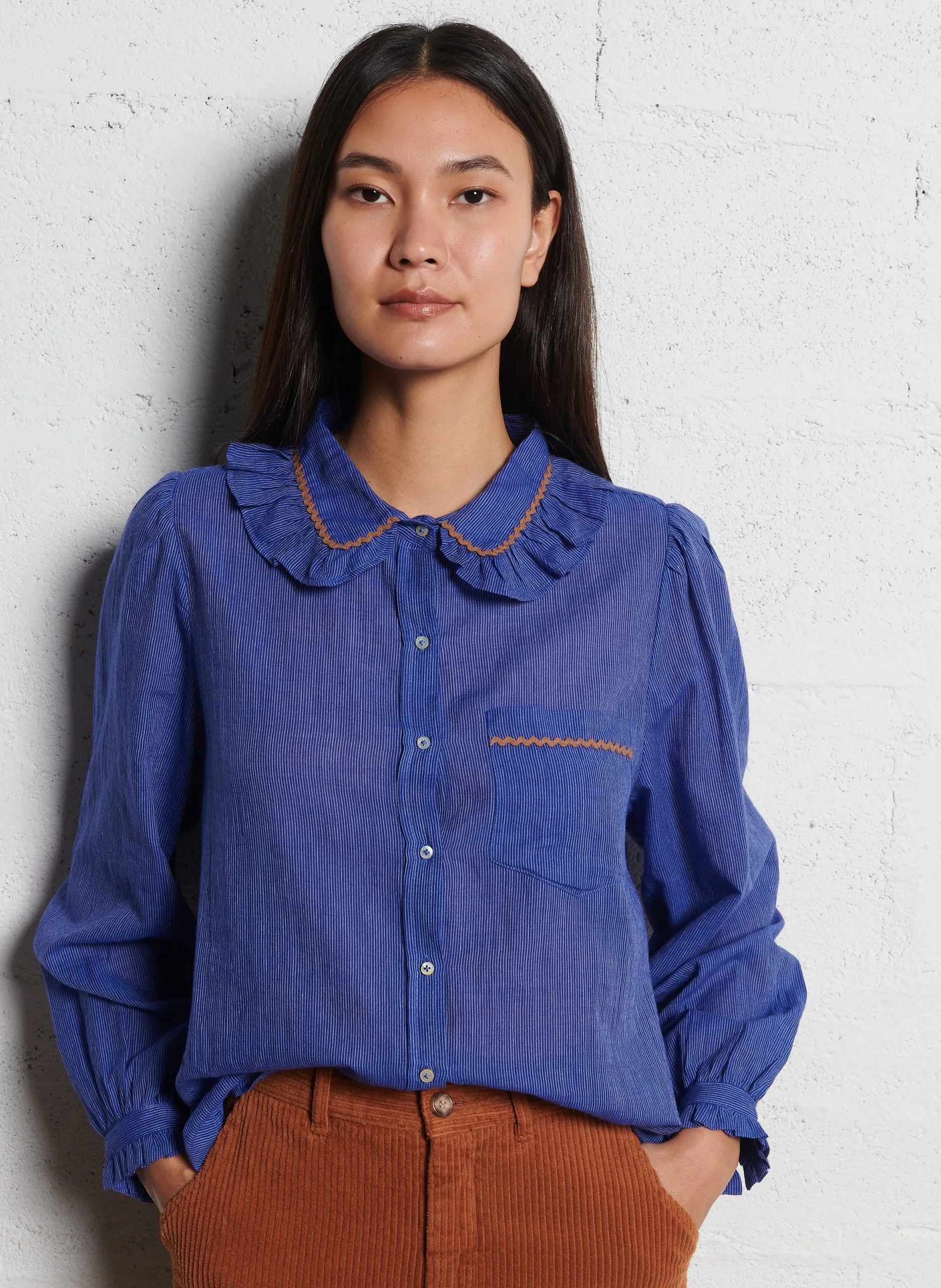 Blusenhemd mit Baumwoll-Peter-Pan-Kragen Blau CASSANDRE