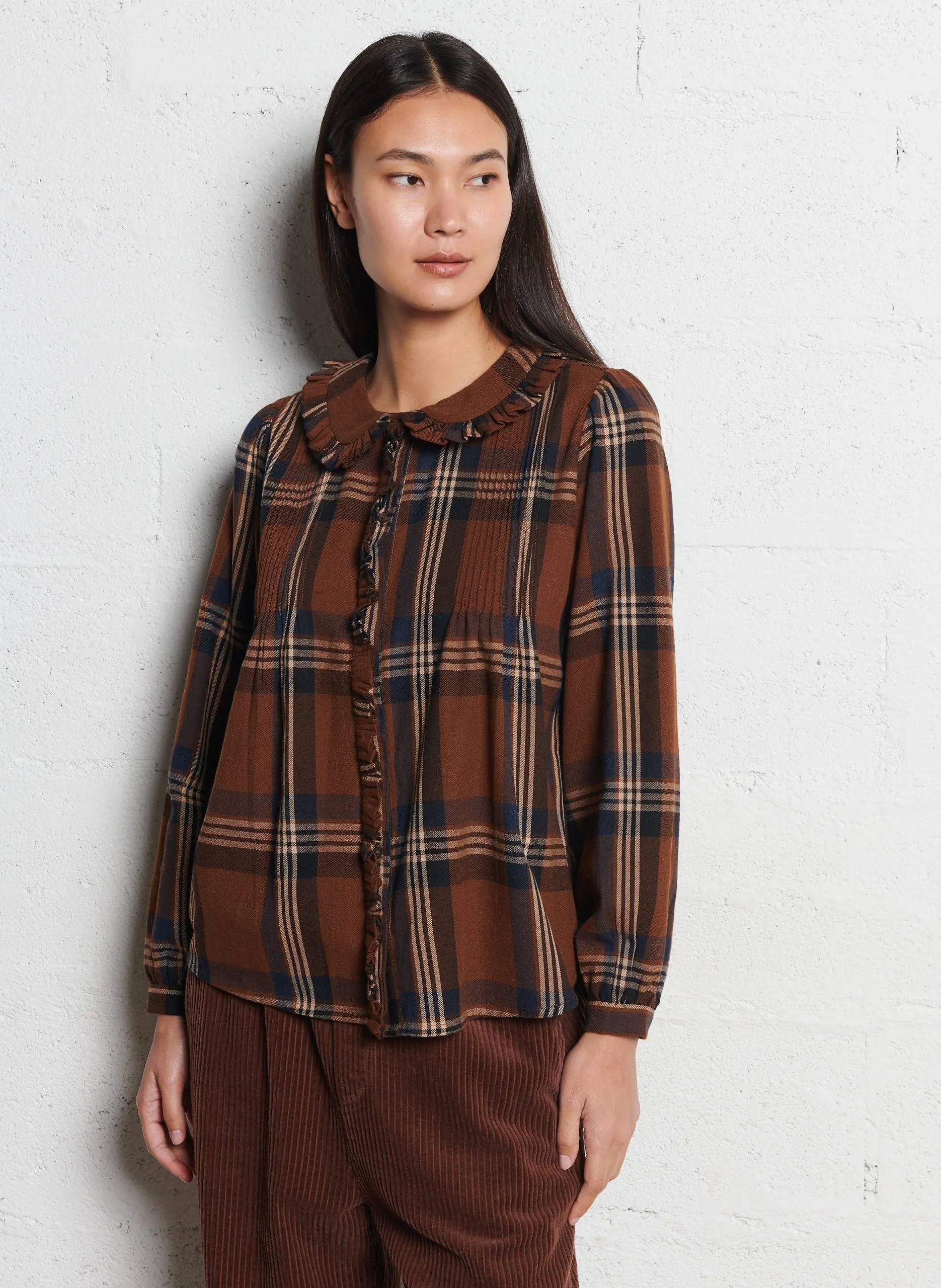 Baumwoll-Bluse mit Bubikragen Braun CARO