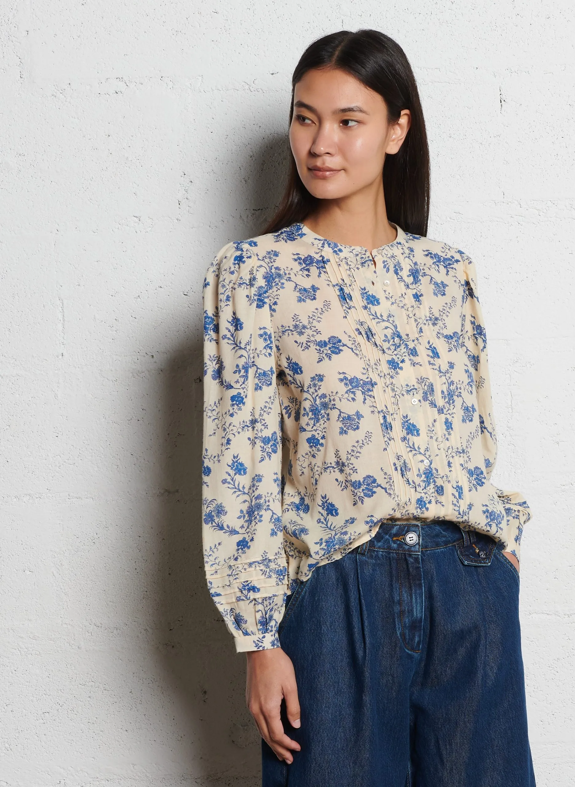 Baumwollbluse mit Rundhalsausschnitt Blau CECILIA2