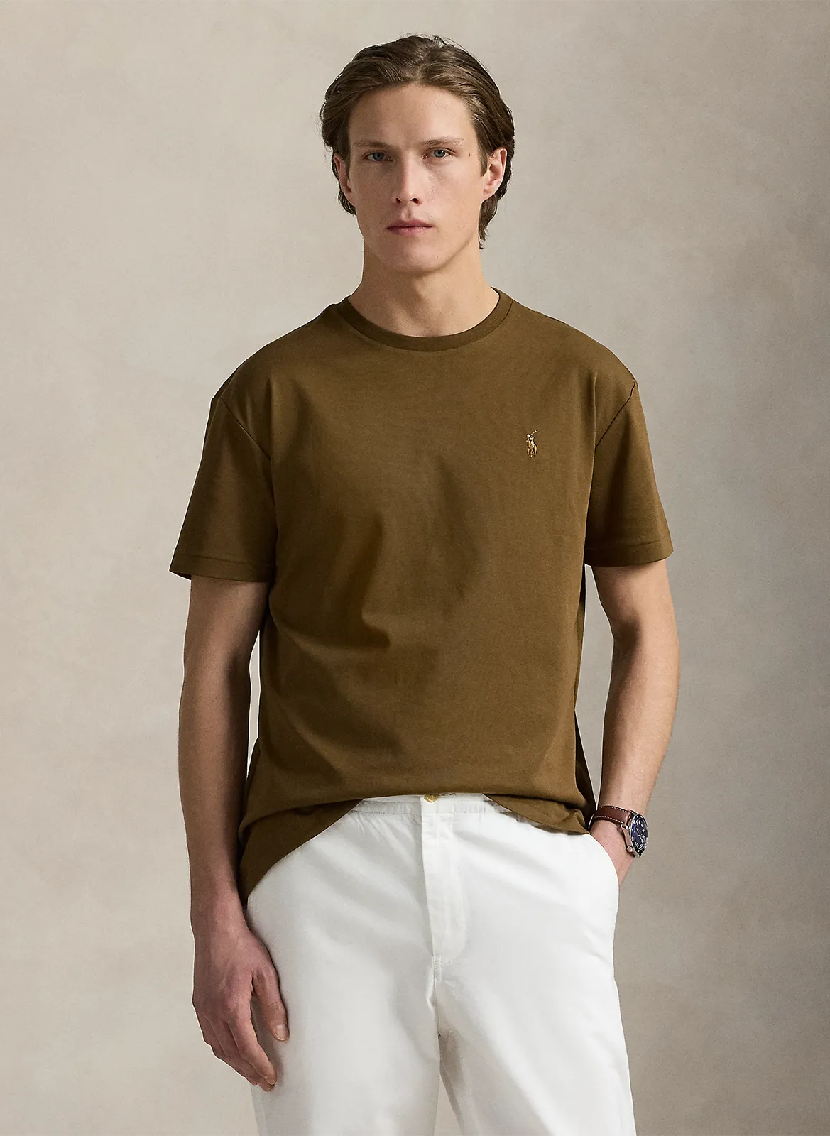 Rundhals-T-Shirt aus Pima-Baumwolle mit Pony Player, Slim Fit Braun